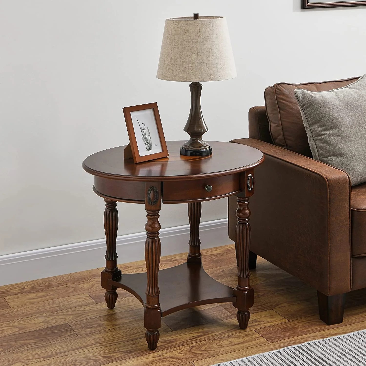 MYAY Oval End Tables, 2Tier Wood Side Table with Drawer and Storage