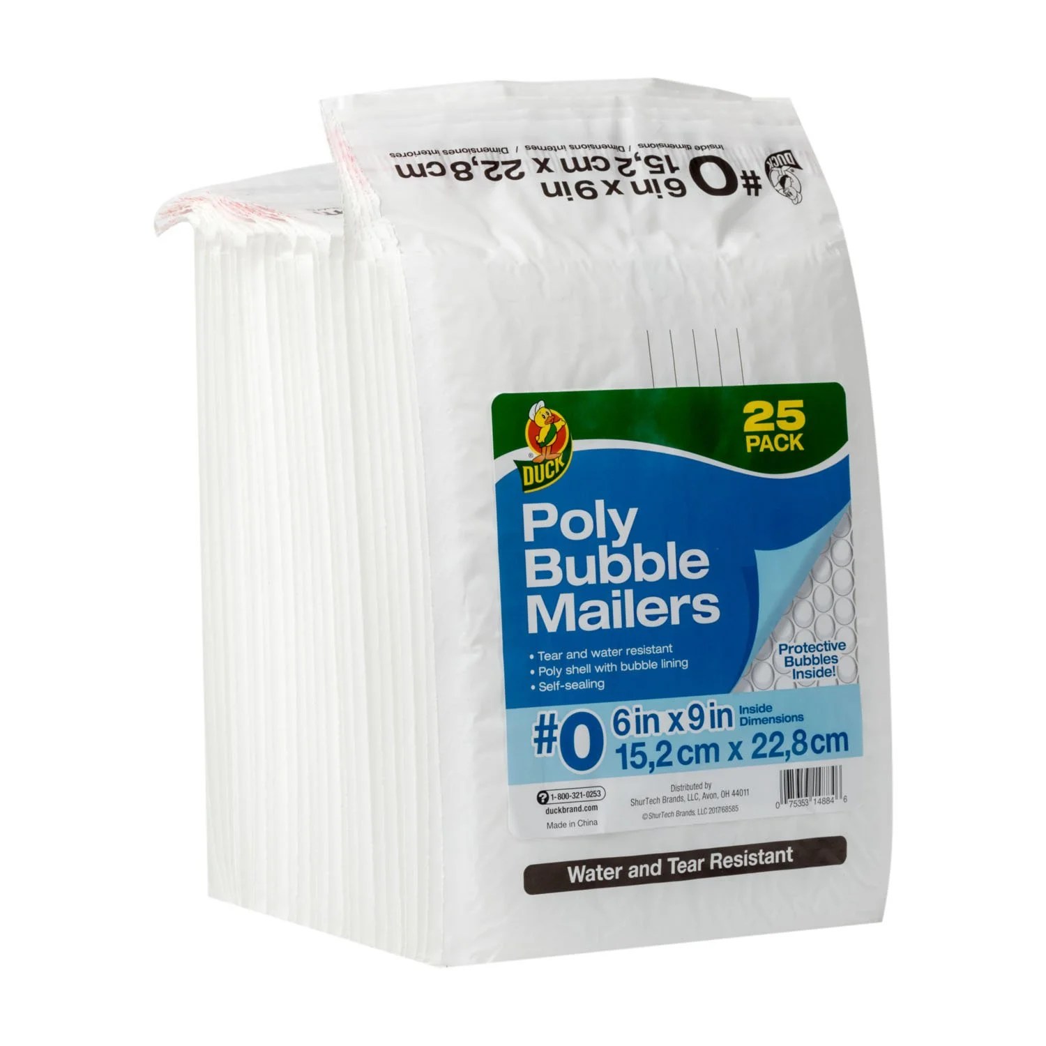 Duck Brand 0 Poly Bubble Mailer, 6" x 9", White, 25pack