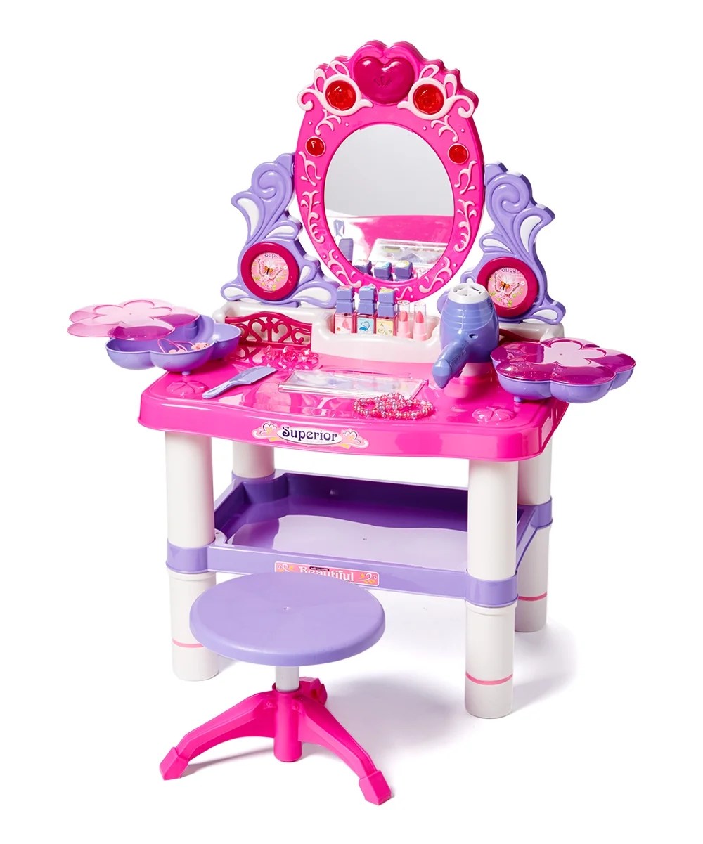 Pretend princess girls vanity table with fairy infrared control and mp3 music playing, princess dressing makeup. princess vanity girl s children s pretend play dressing table battery operated toy beauty mirror vanity playset w accessories walmart com