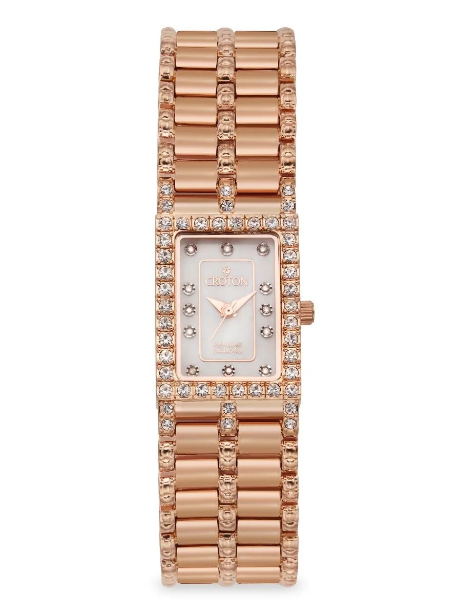 Croton Ladies Rectangular Rosetone Quartz Watch with Mother of Pearl