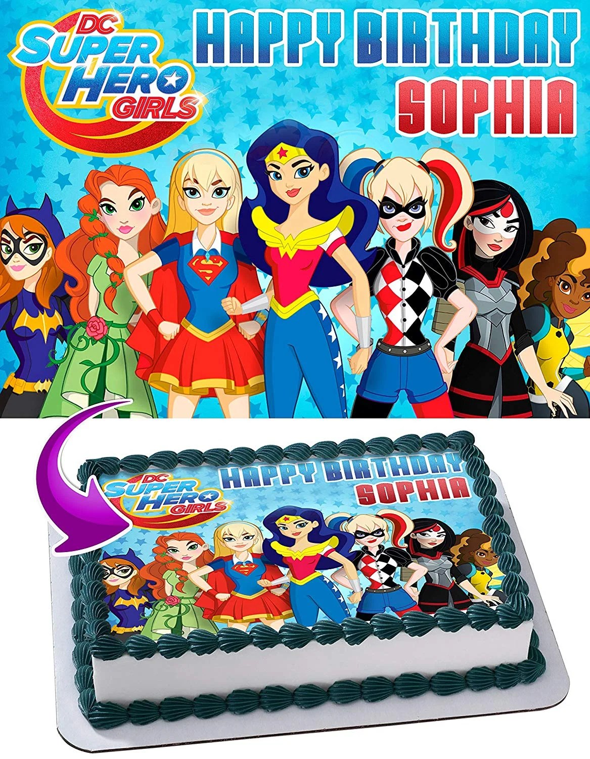 DC Super Hero Girls Edible Cake Image Topper Personalized Picture 1/4