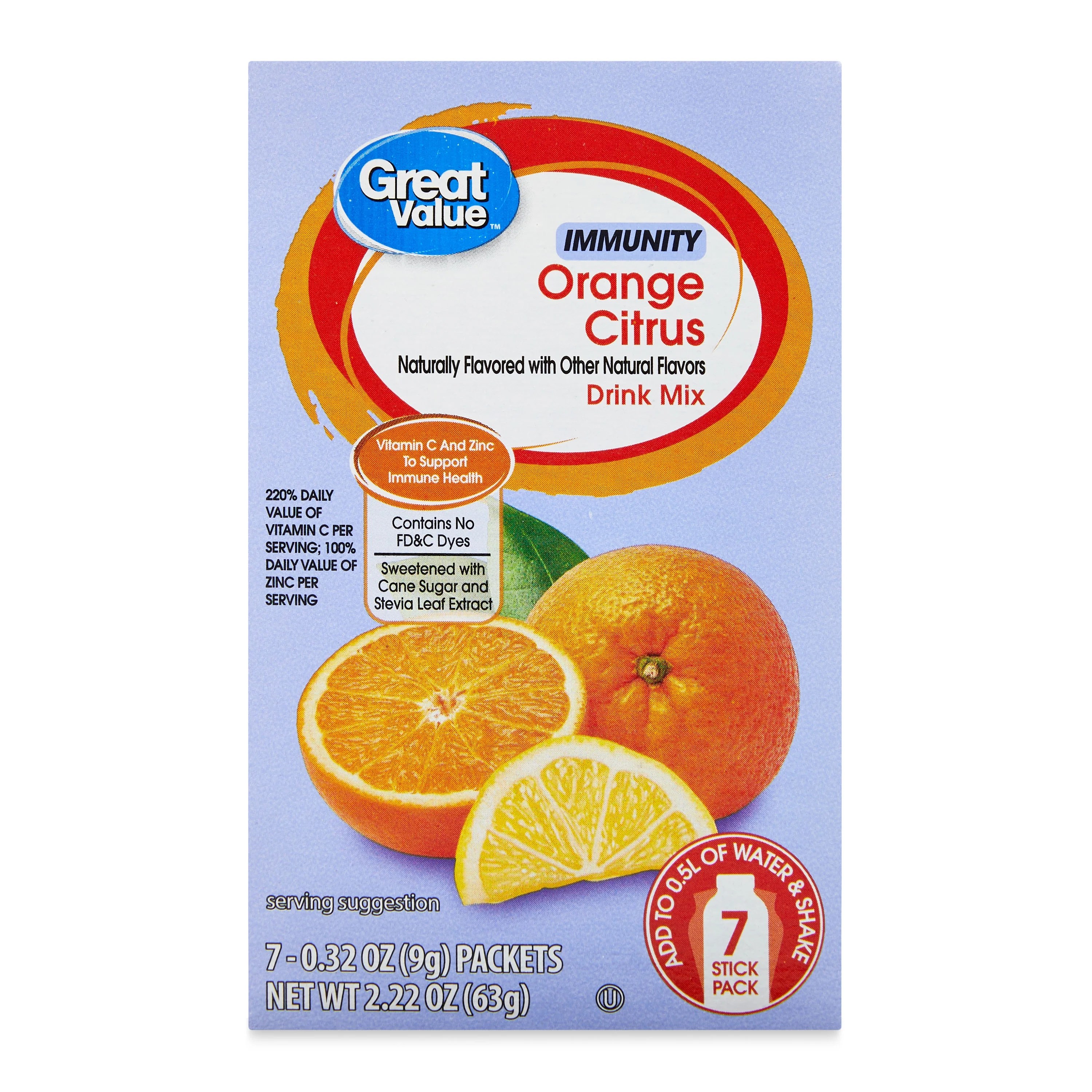 Great Value Orange Citrus Immunity Drink Mix, 2.22 oz, 7 Count