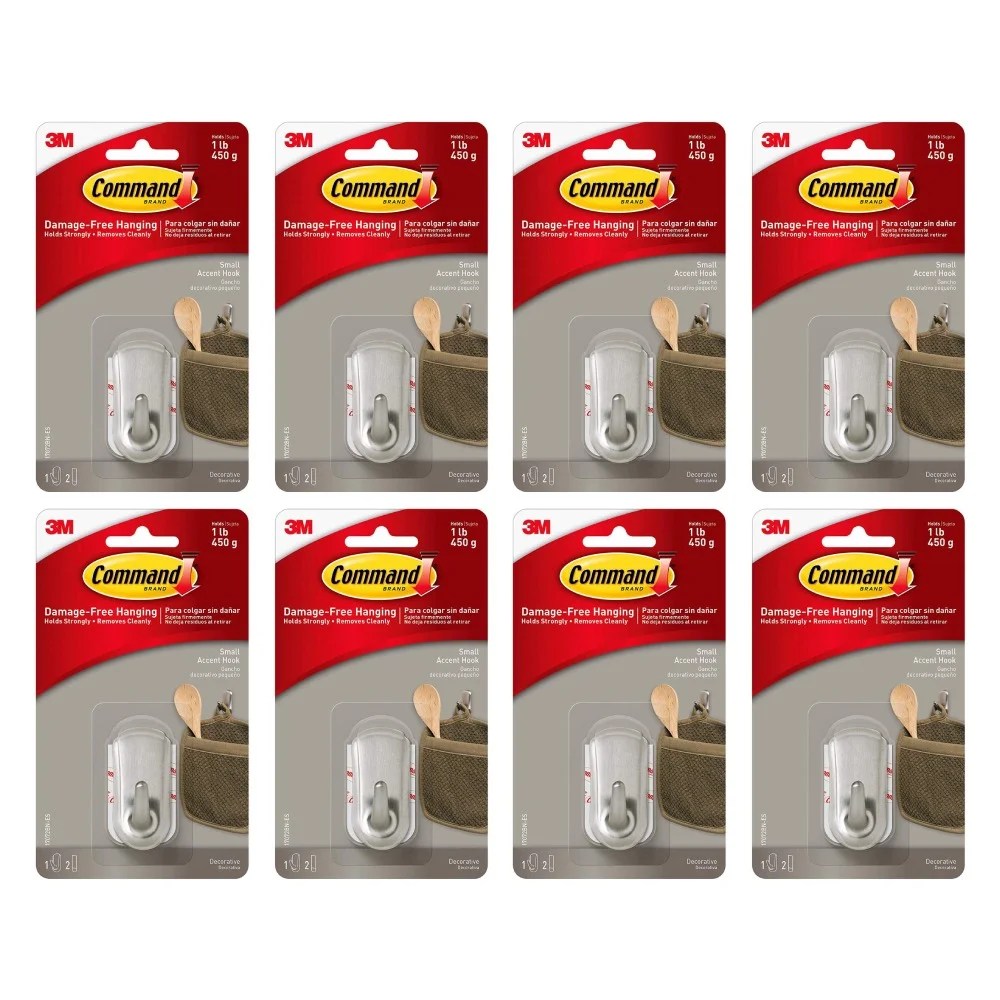 3M Command 17072BN Decorative Hooks Accent Small Holds 1 LB Damage Free Brushed Nickel 1 Hook 2