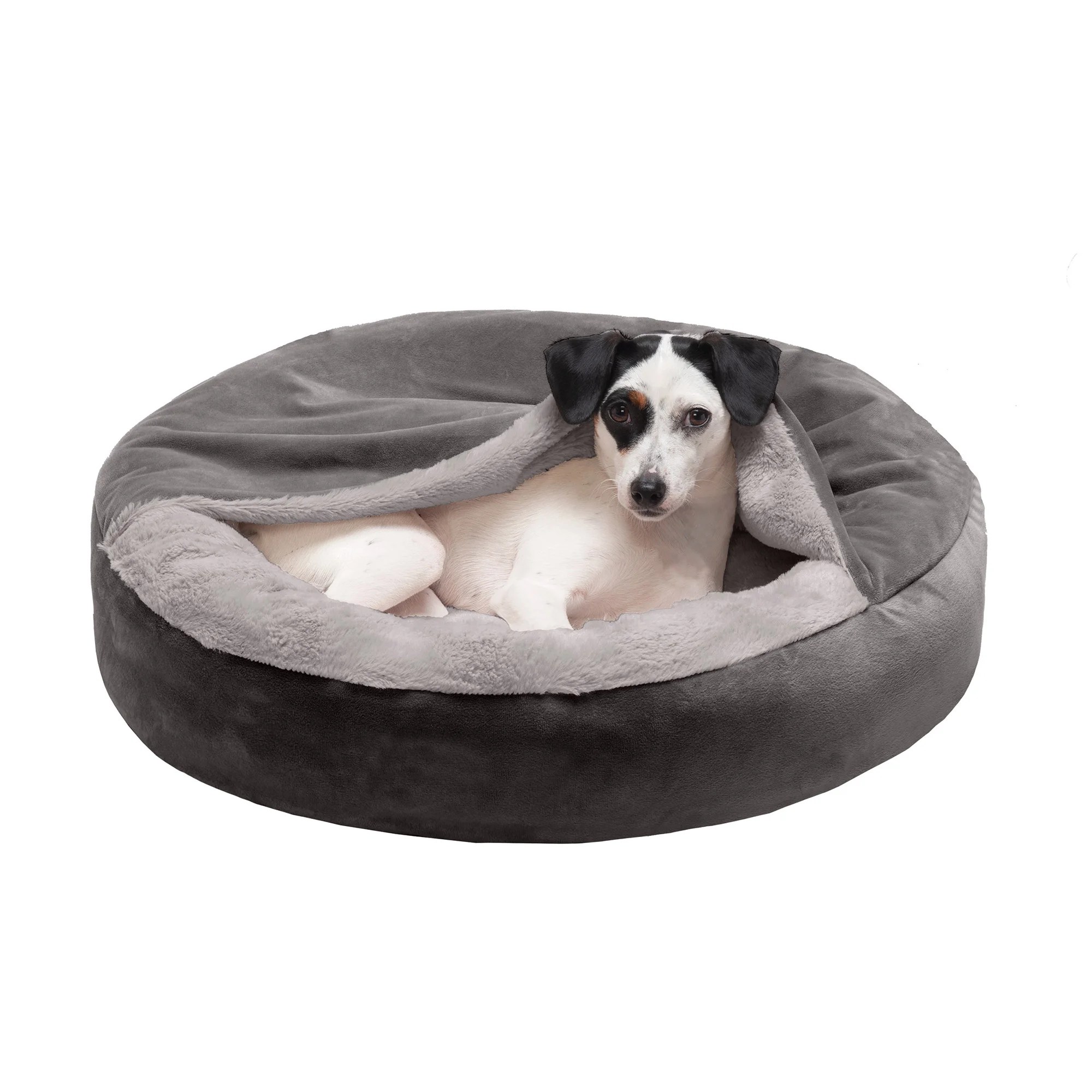 FurHaven Pet Dog Bed Wave Faux Fur & Velvet Hooded Donut Pet Bed for