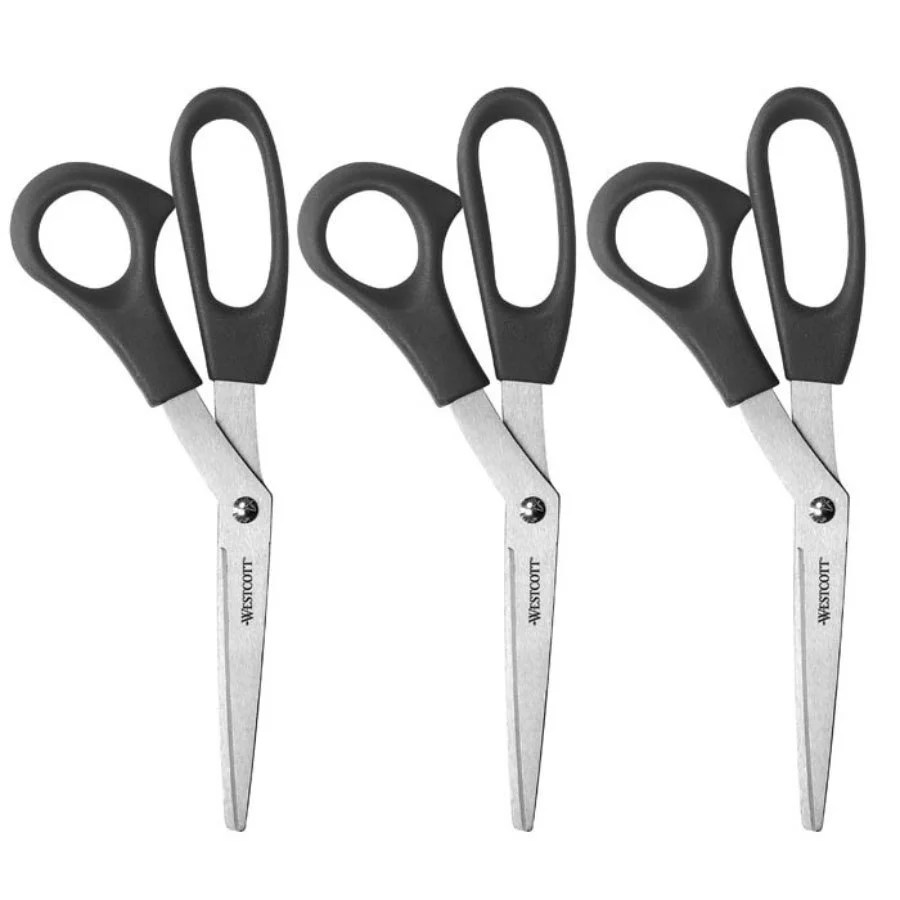 Westcott 8" AllPurpose Bent Scissors, Black, Pack of 3