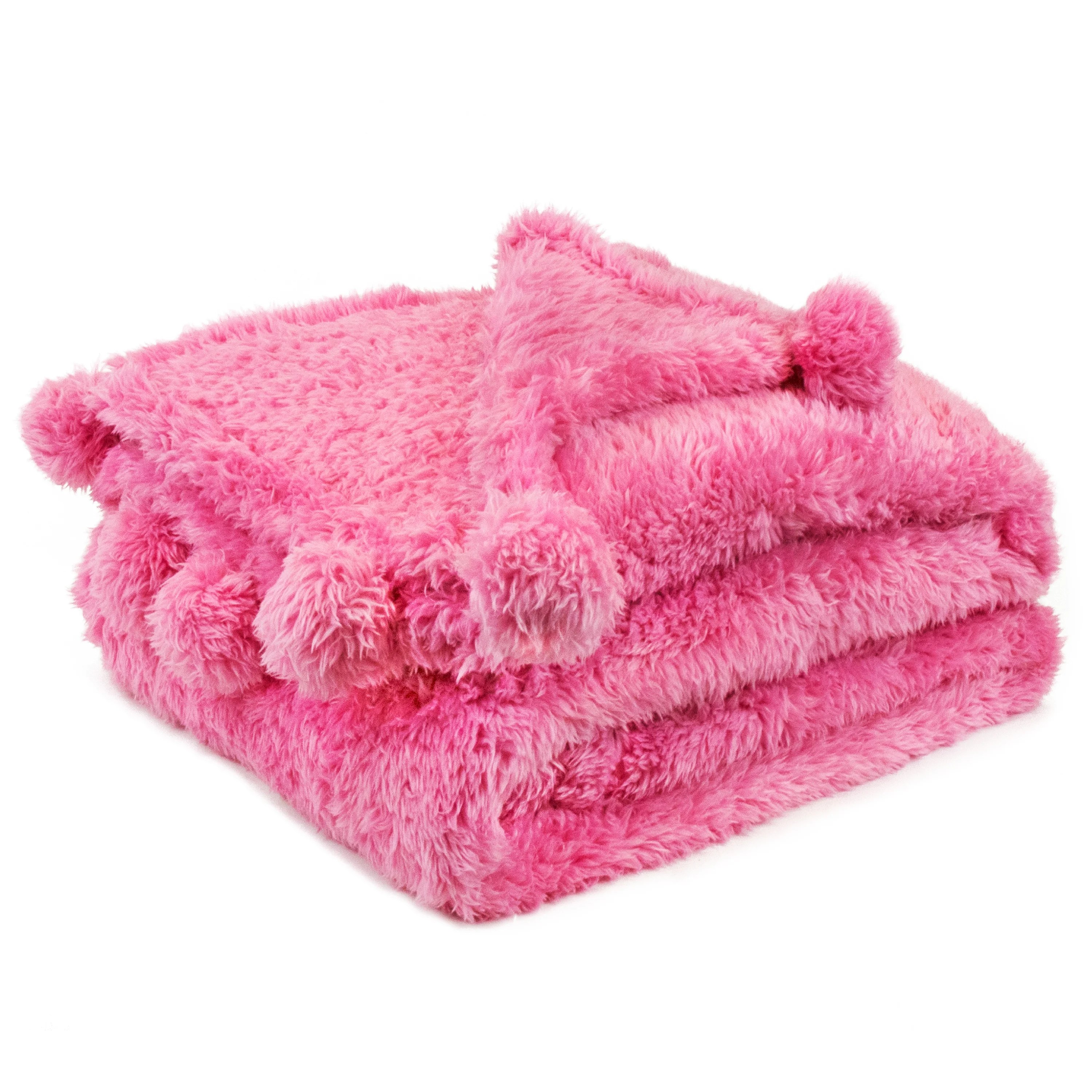 PAVILIA Plush Sherpa Throw Blanket with Pom Pom Fringe, Solid Pink