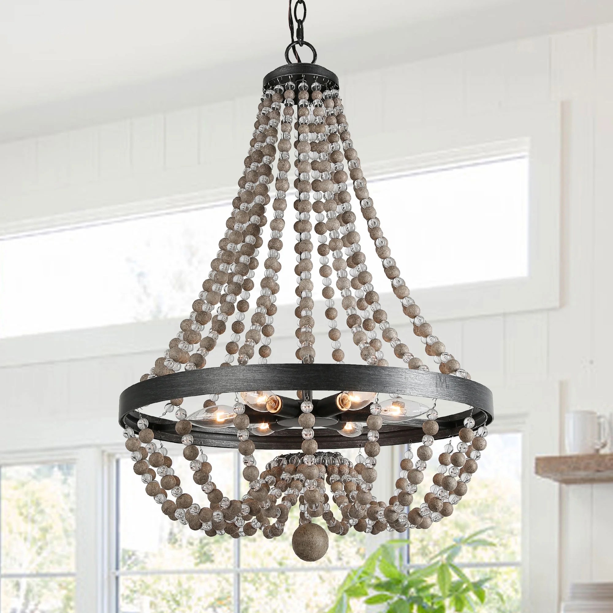 LNC Modern Farmhouse Beaded Chandeliers 6Light Bohemian Wood Bead