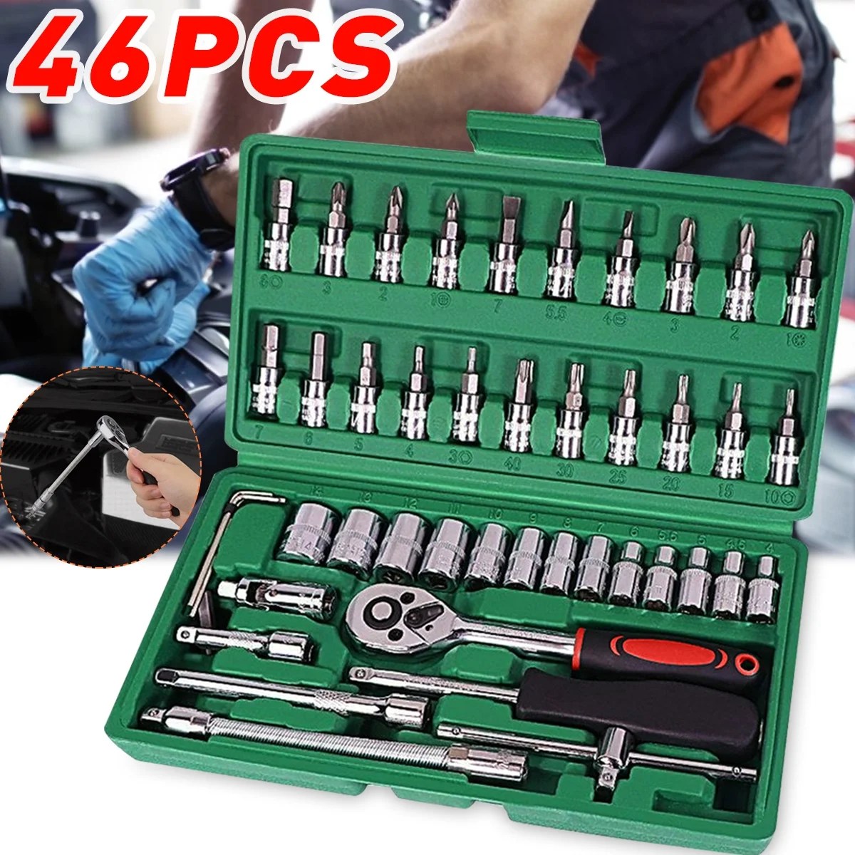 46Pcs 1/4'' Socket Set Car Repair Tool Ratchet Torque Wrench Extension