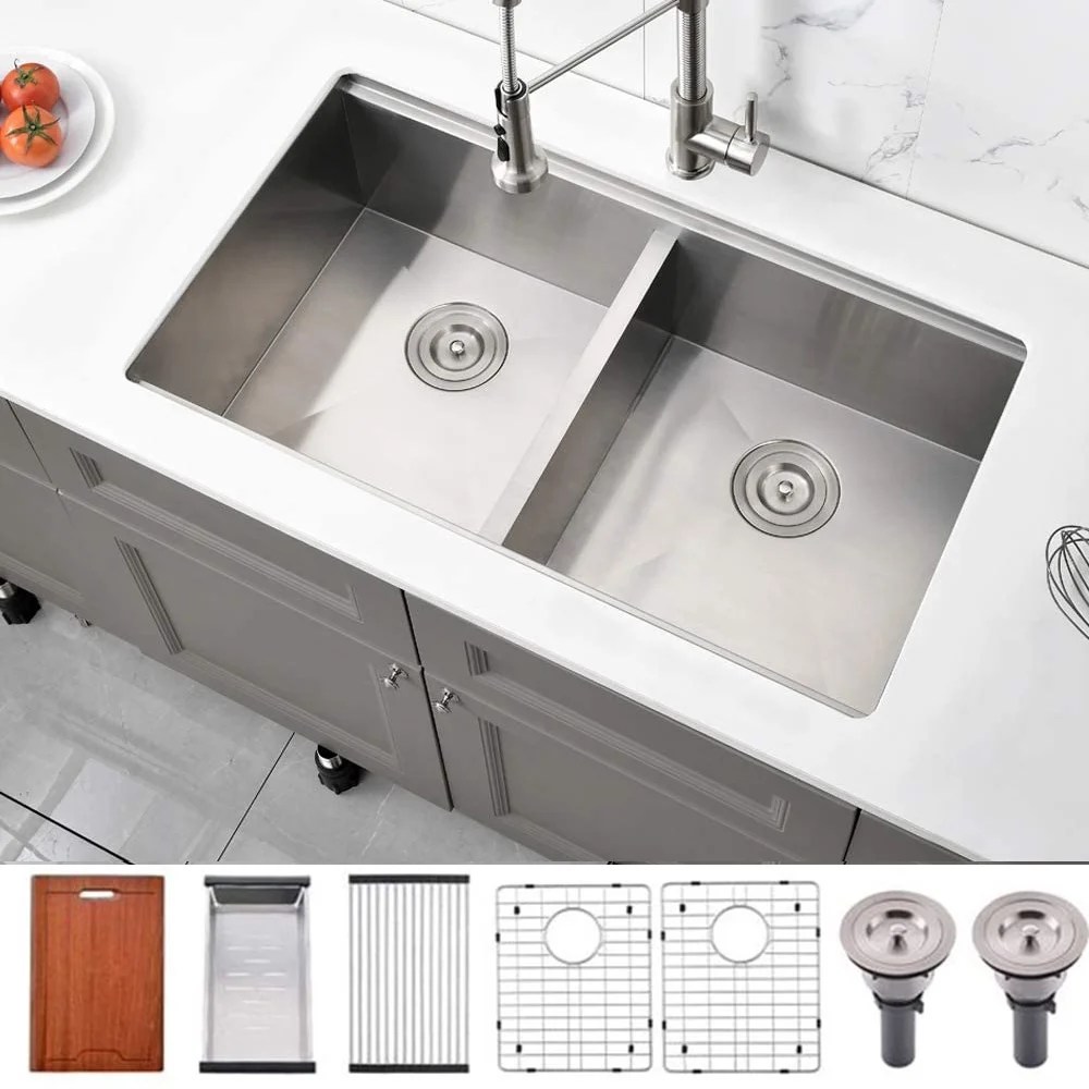 Bokaiya 33x19 50/50 Undermount Double Bowl Kitchen Sink Workstation 16