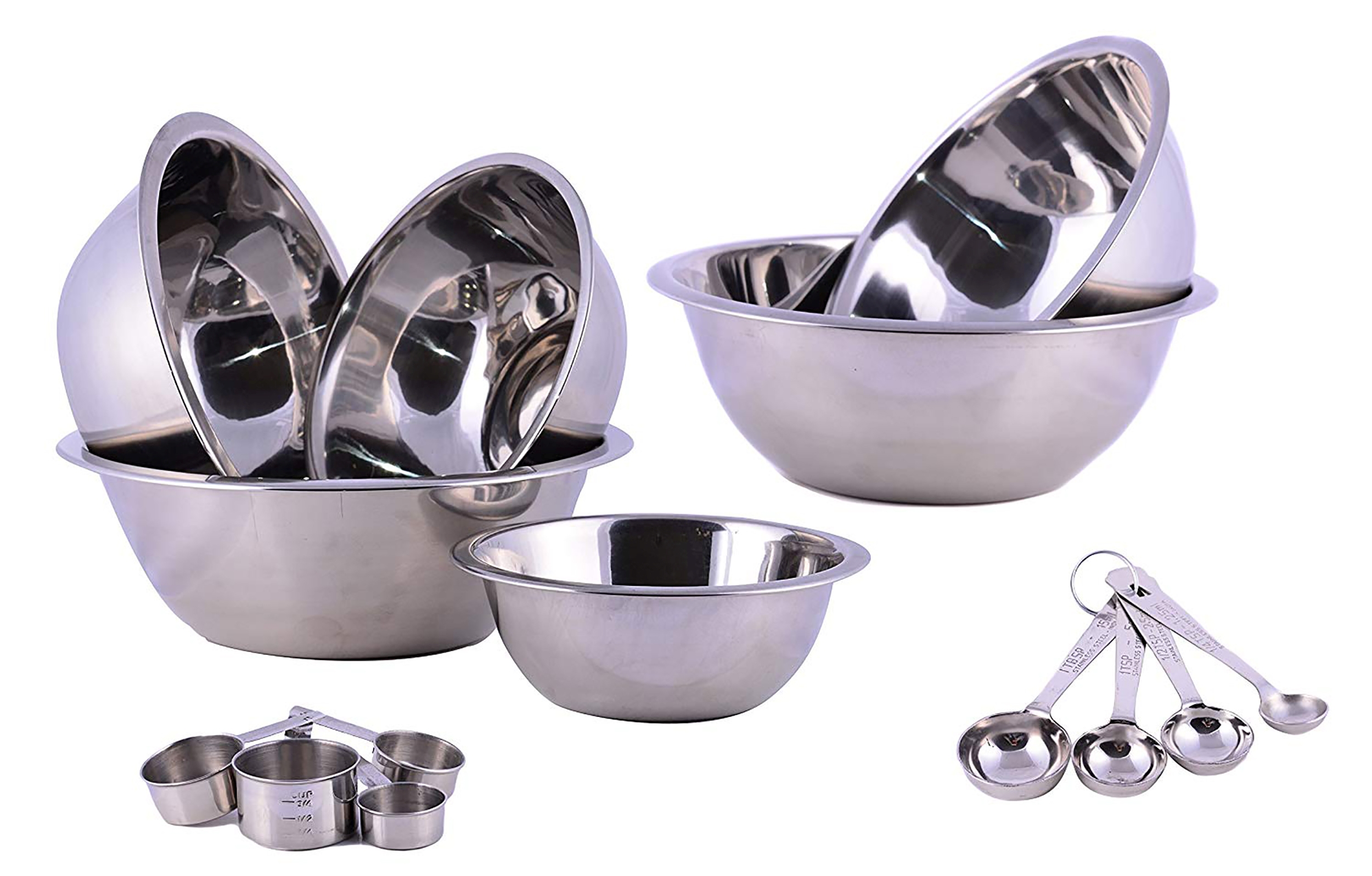 Stainless Steel Set of 6 Kitchen Mixing Bowls Set with Measuring Spoons