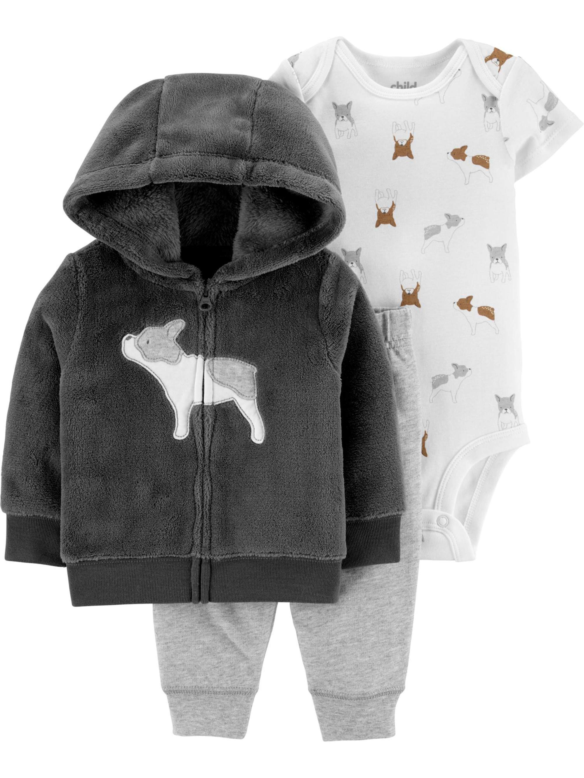 Child of Mine by Carter's Baby Boy Fleece Hoodie Jacket, Bodysuit & Pants, 3pc Outfit Set