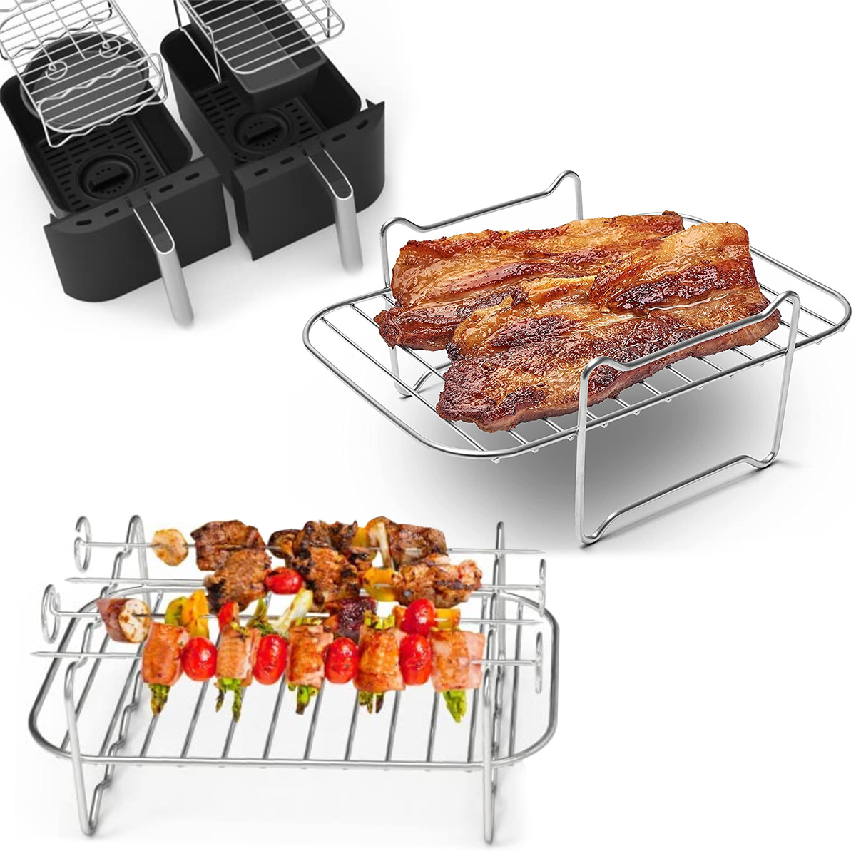 2Pcs Air Fryer Rack for Double Basket Air Fryers 304 Stainless Steel