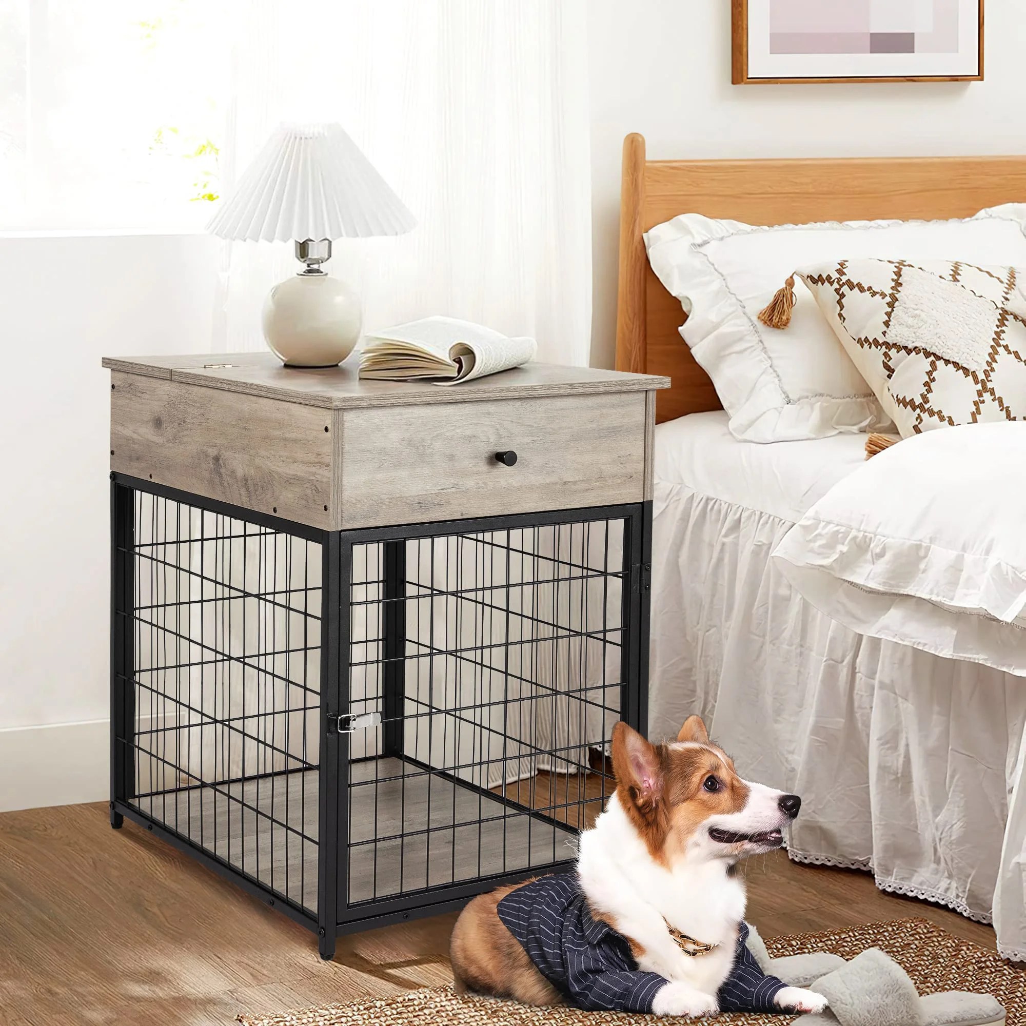 Dog Crate Furniture with Drawer,Wooden Dog Kennel for Small Medium Dogs
