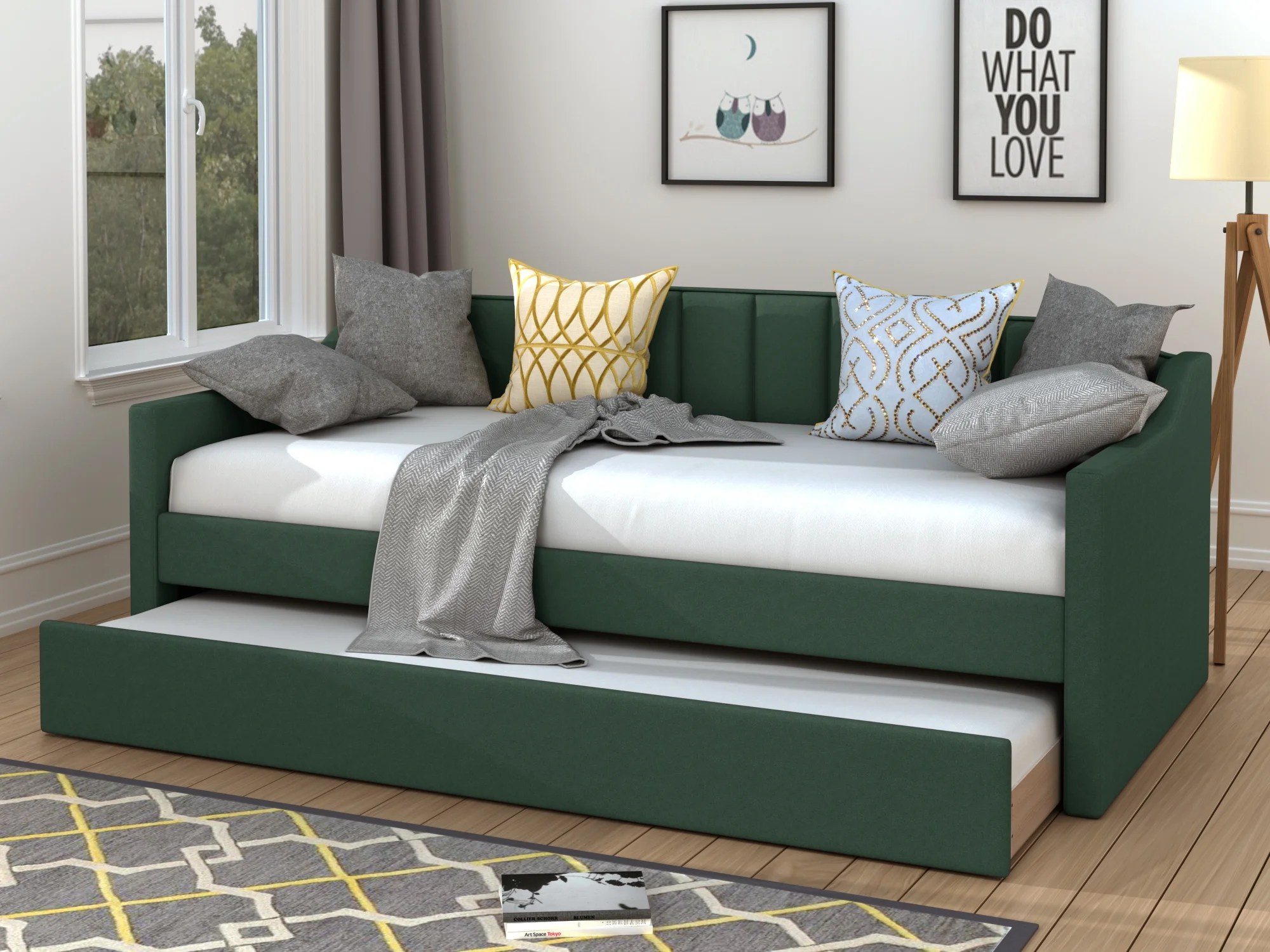 EUROCO Modern Fabric Upholstered Twin Daybed with Guest Trundle, Green EUROCO Modern Fabric Upholstered Twin Daybed with Guest Trundle, Green