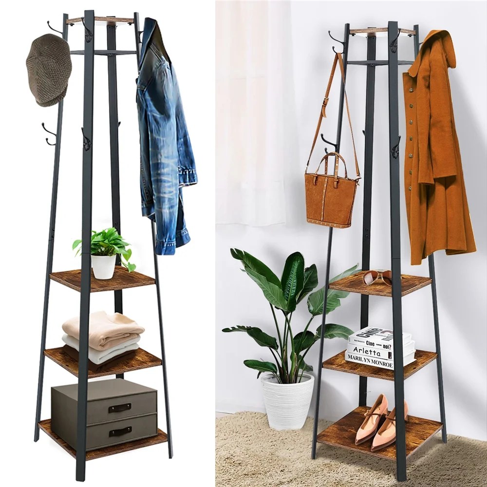 Coat Rack, Kingso Coat Rack Stand with 3 Shelves Storage for Entryway