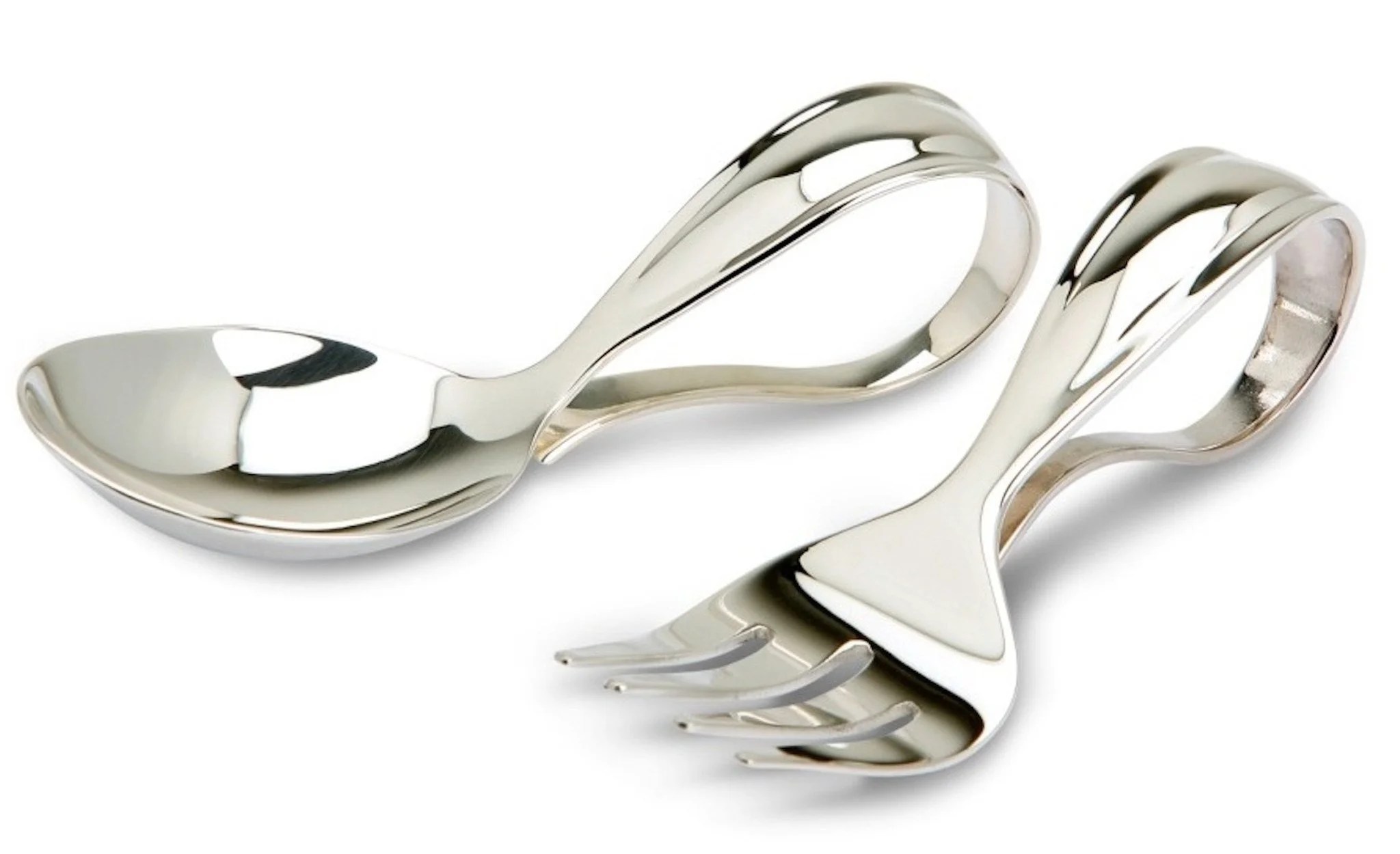 Sterling Silver Bent Curved Baby Spoon & Fork Set by Krysaliis
