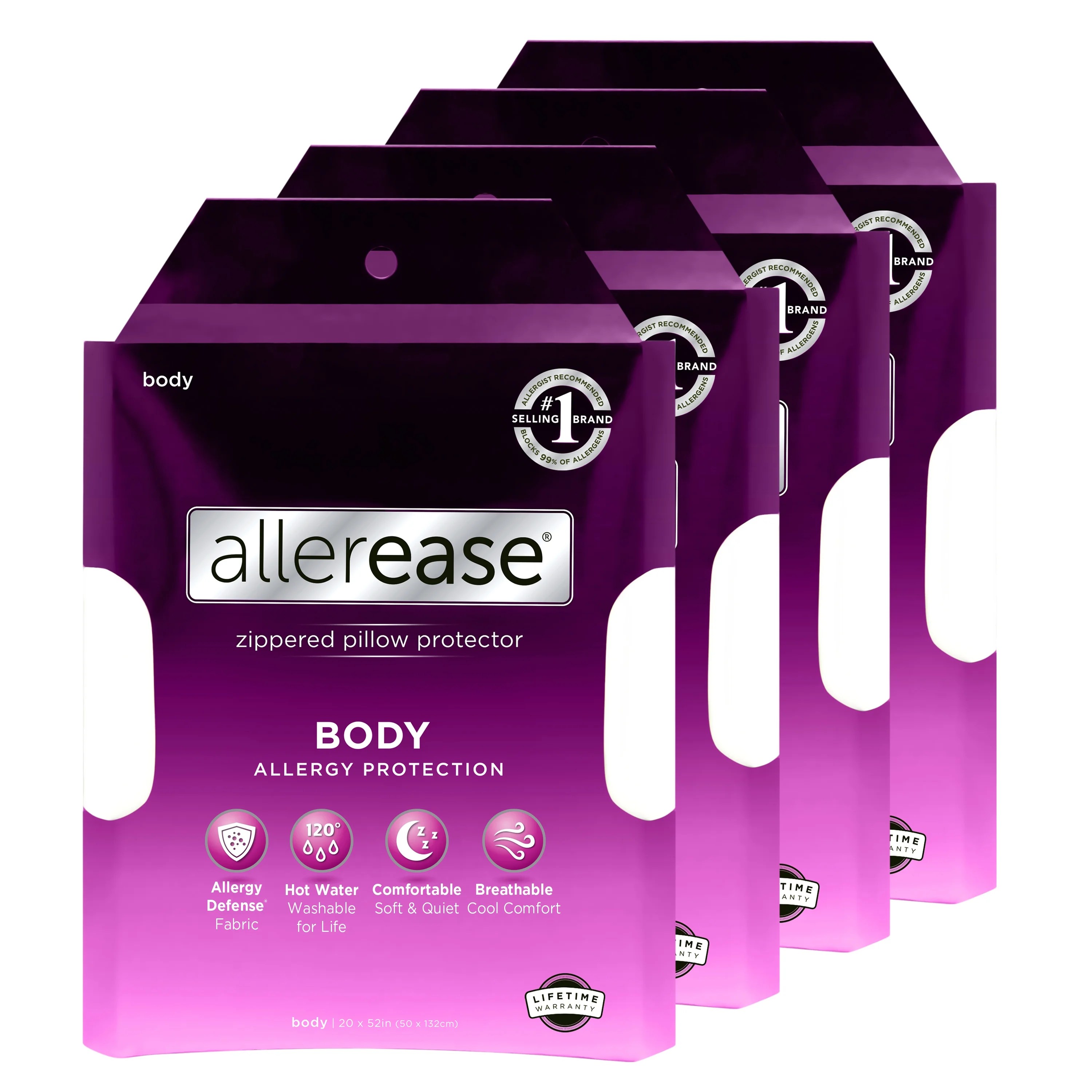 Allerease Body Pillow Zippered Pillow Protector, 4 Pack
