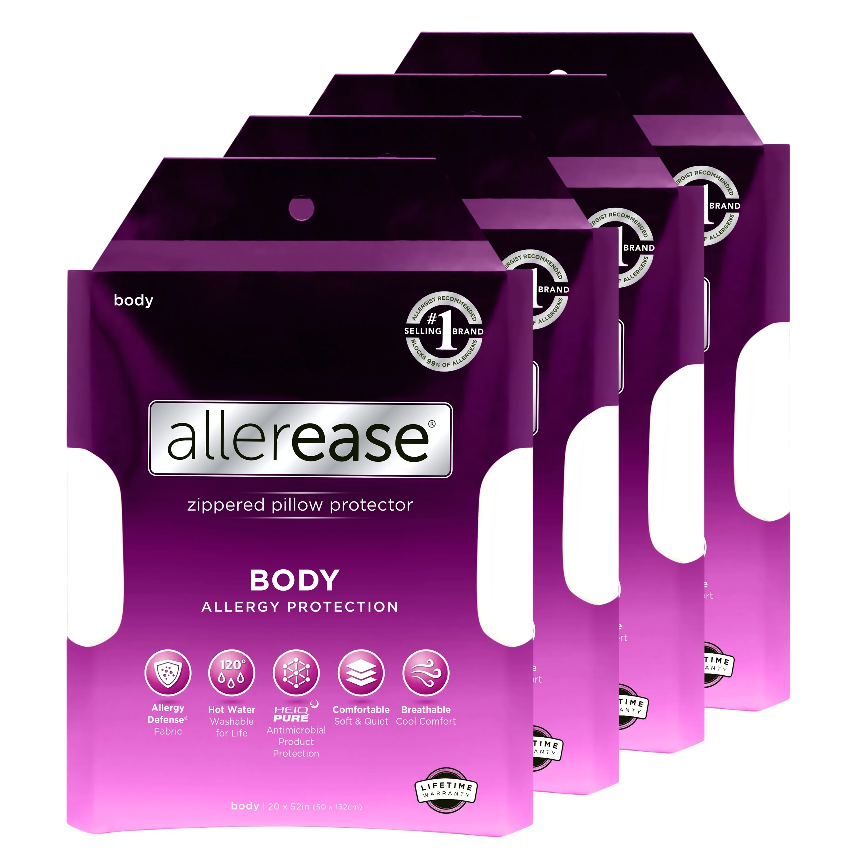 Allerease Body Pillow Zippered Pillow Protector, 4 Pack
