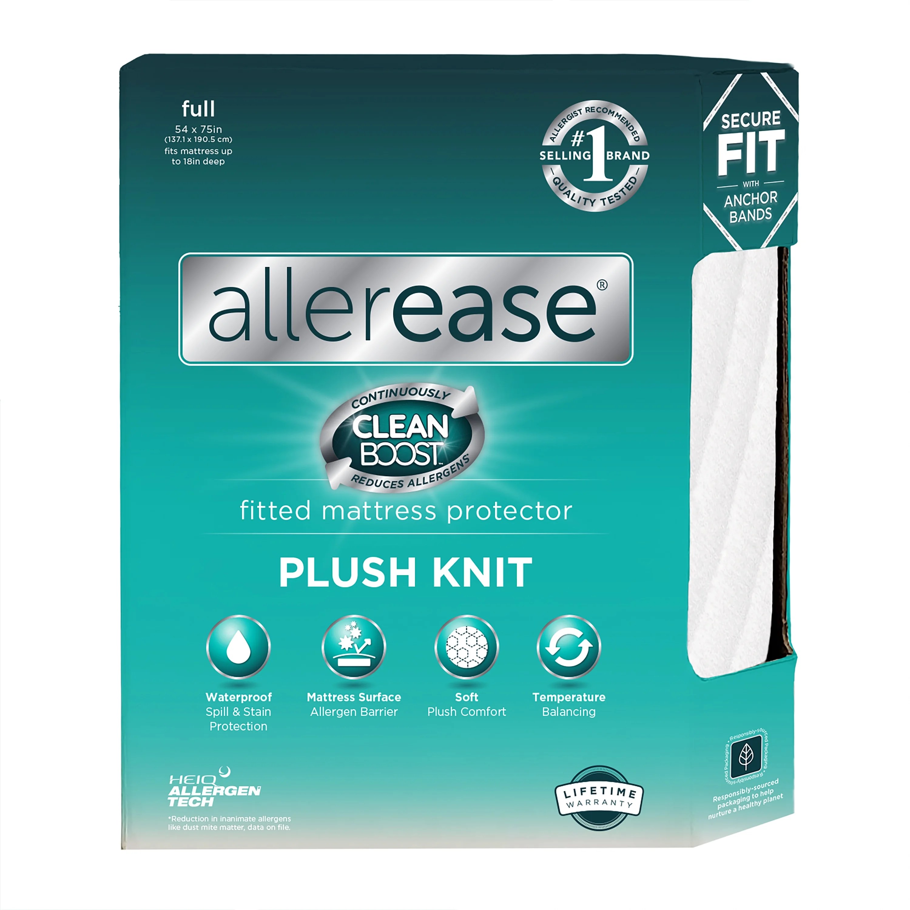 Allerease Clean Boost Plush Knit Fitted Mattress Protector, Full