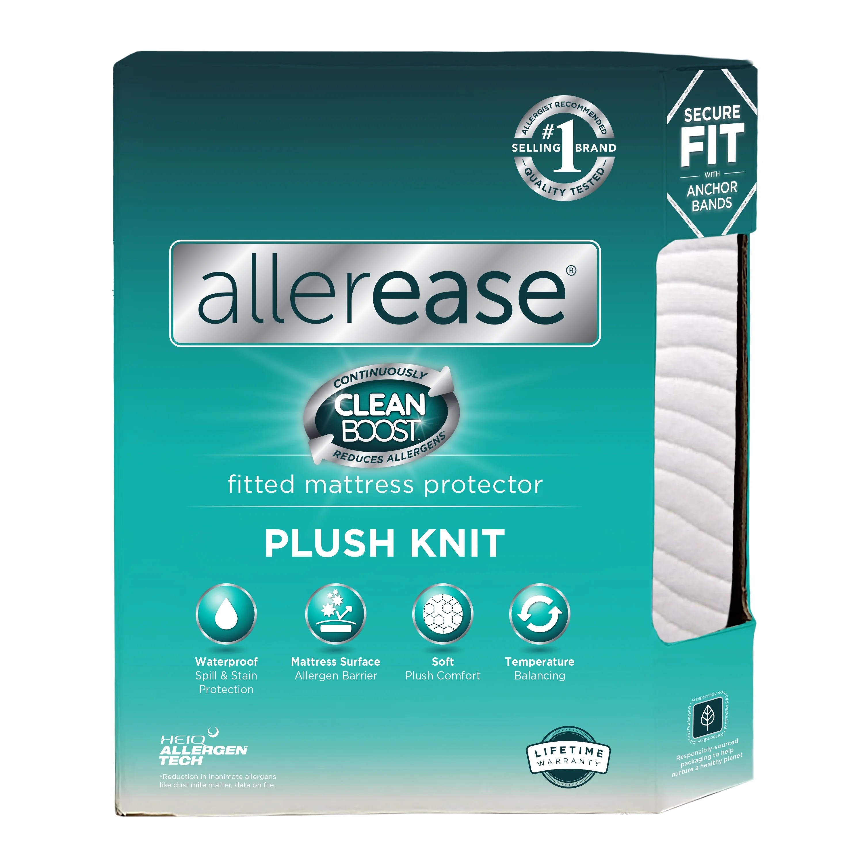 Allerease Clean Boost Plush Knit Fitted Mattress Protector, Queen