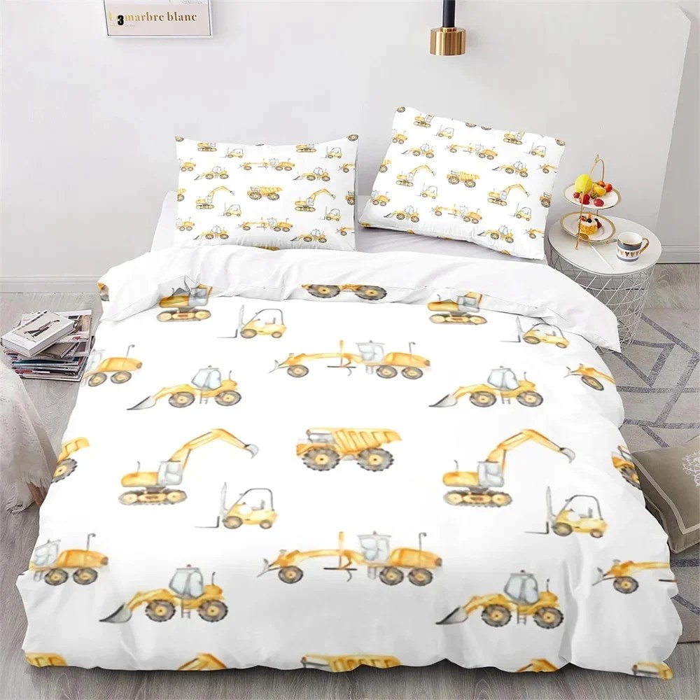 Digger Duvet Cover Set Cartoon Heavy Machinery Truck Crane Mixer