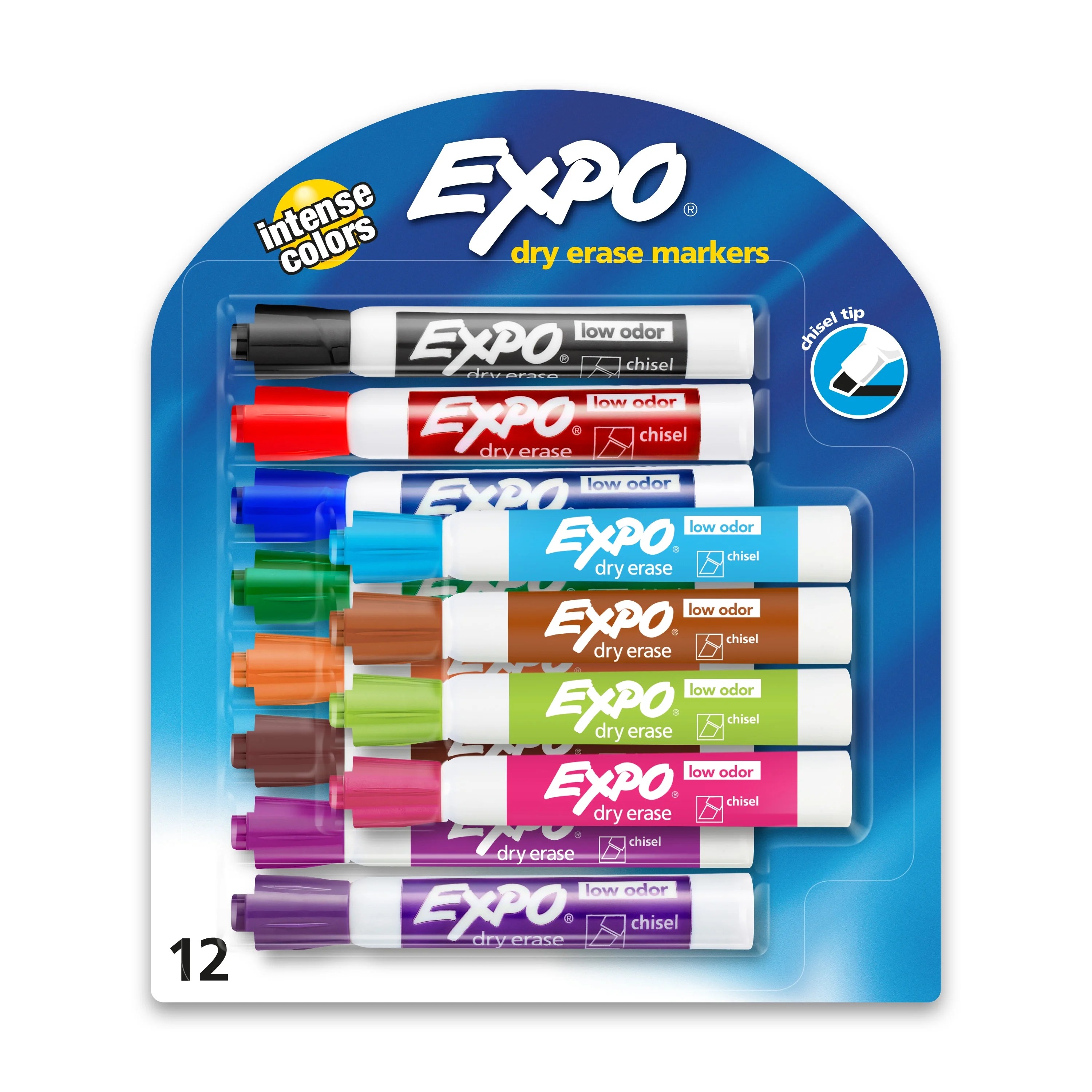 Expo Low Odor Dry Erase Markers, Chisel Tip, Assorted Colors, 12 Count