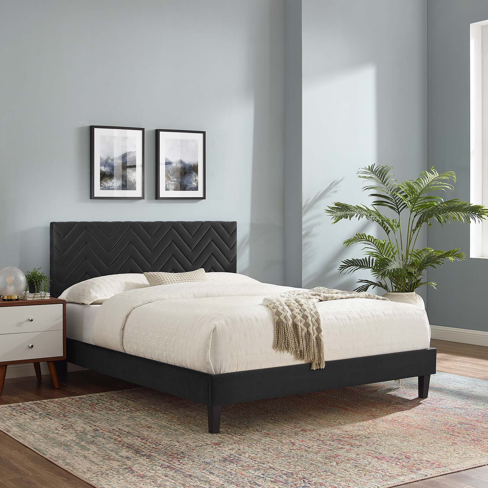 Modway Leah Chevron Tufted Performance Velvet Queen Platform Bed in