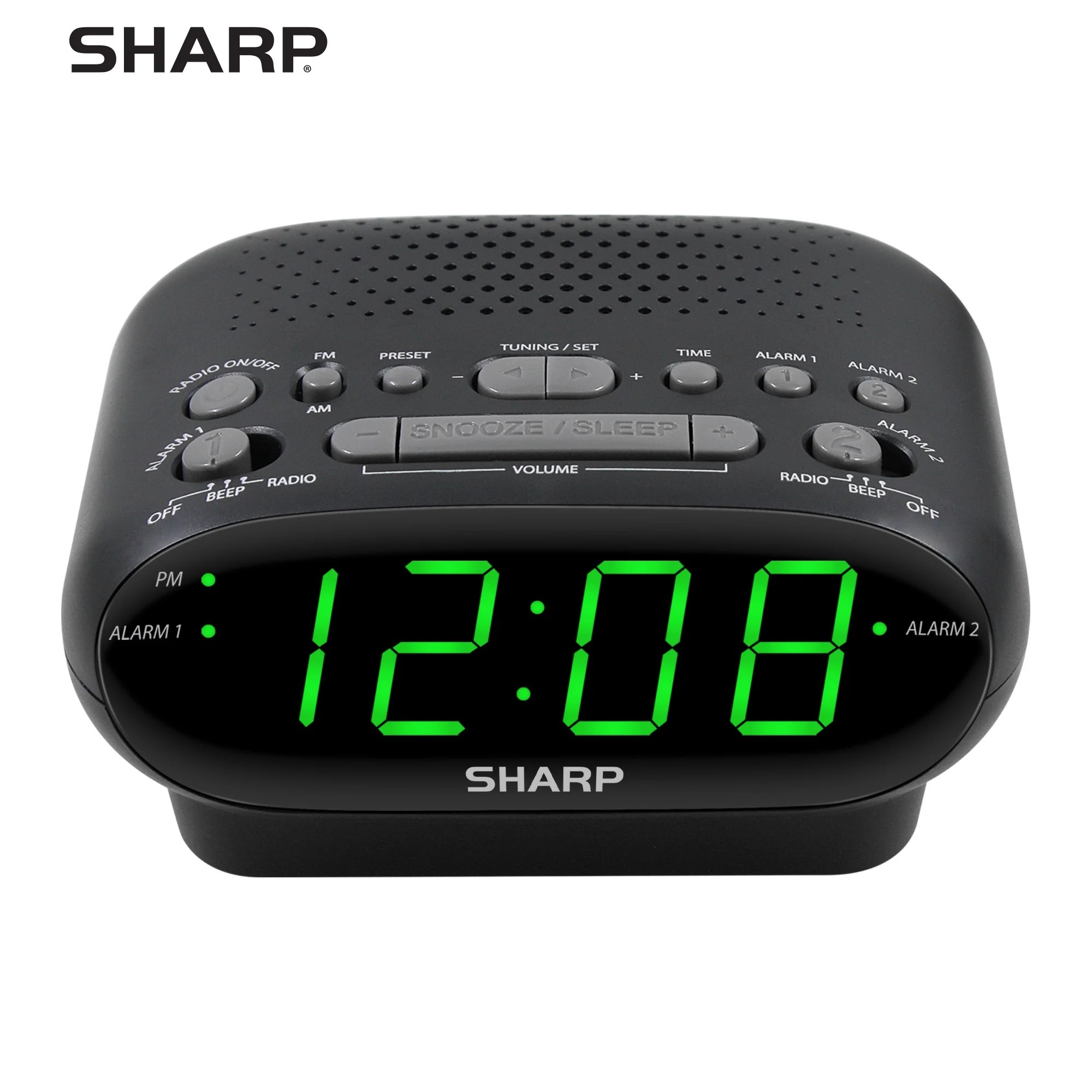 Sharp AM/FM Clock Radio with Dual Alarms, LED Green Display, Electric