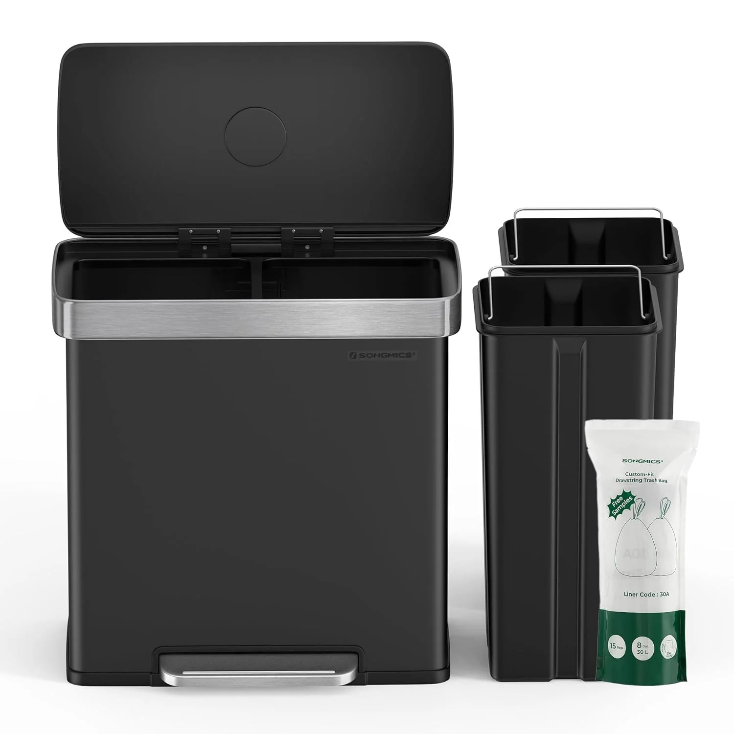 SONGMICS 16 Gallon Dual Compartment Trash Can with Lid, Double