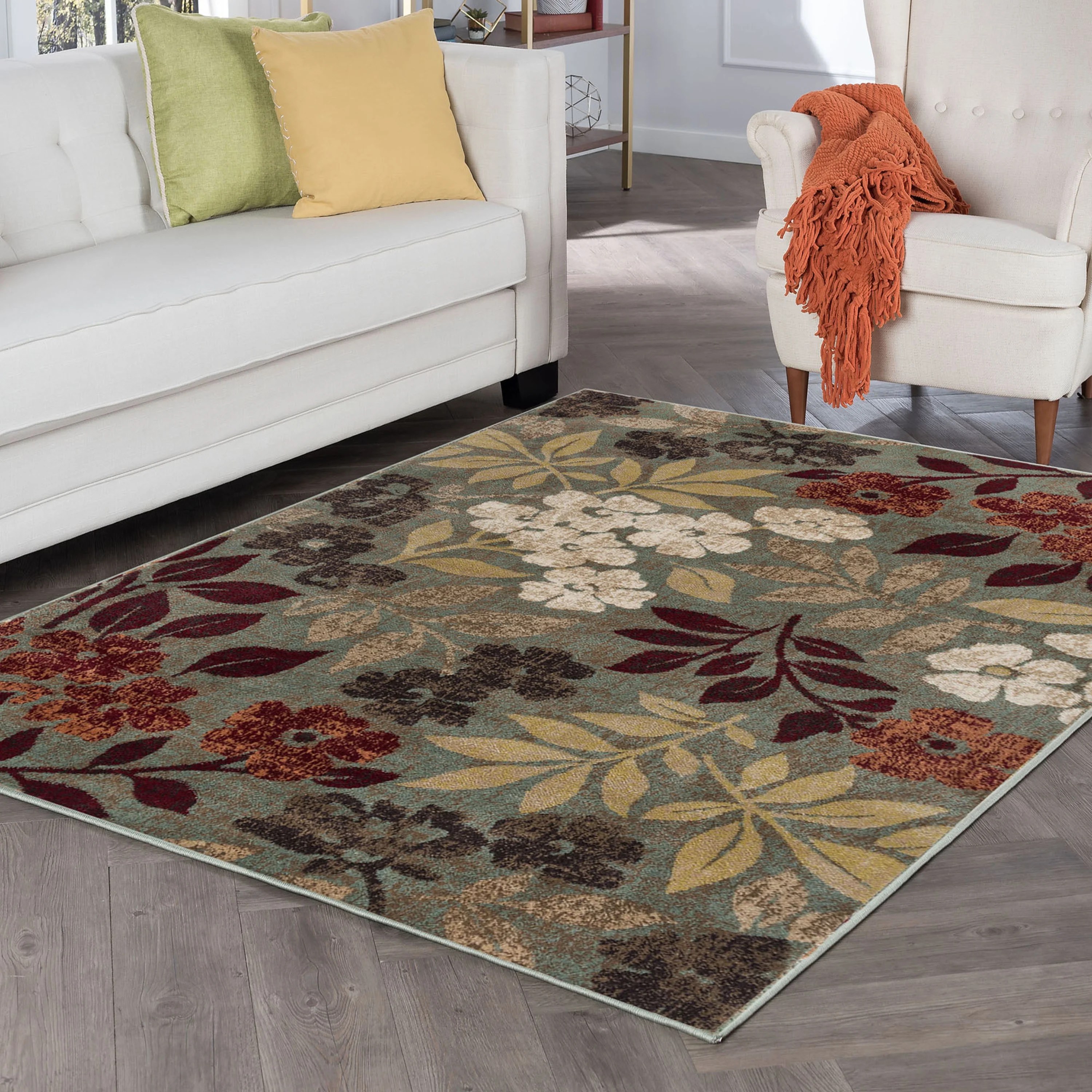 Transitional 9x12 Area Rug (8'9'' x 12'3'') Floral Seafoam, Red Living