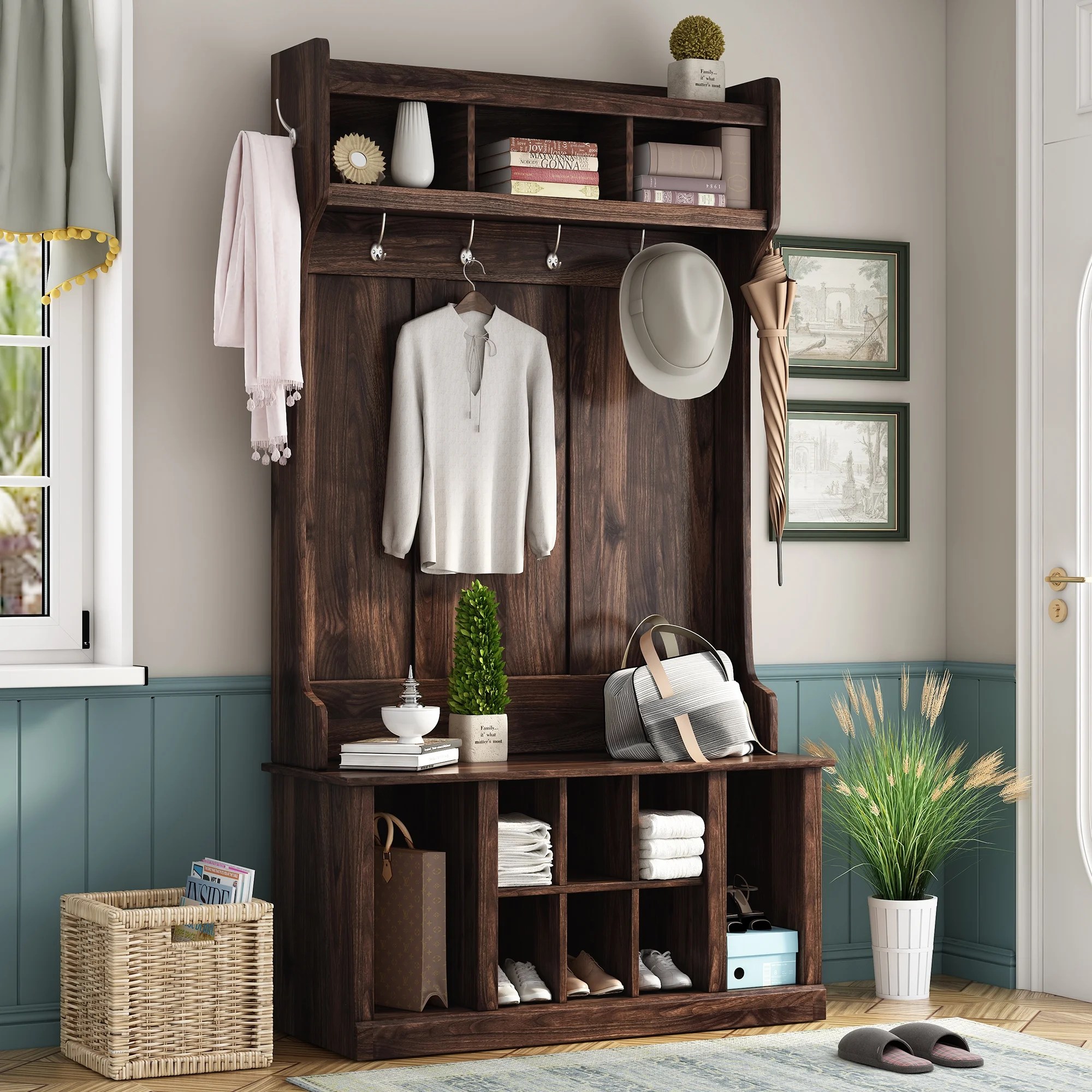 UCan Hall Tree with 6 Hooks , Coat Hanger, Entryway Bench, Storage