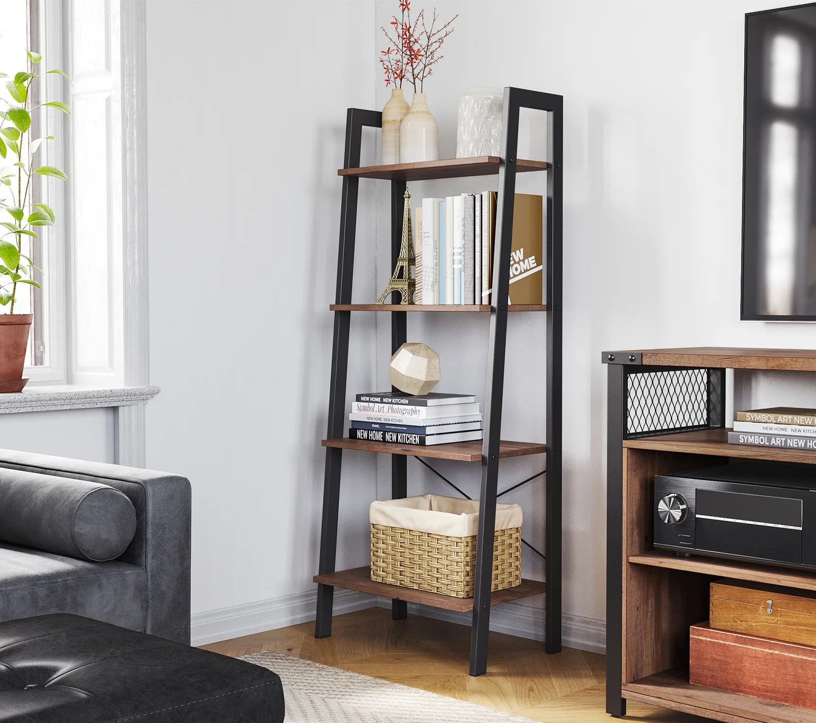 VASAGLE Ladder Shelf, Bookshelf,Bookcase with Steel Frame，Storage Rack