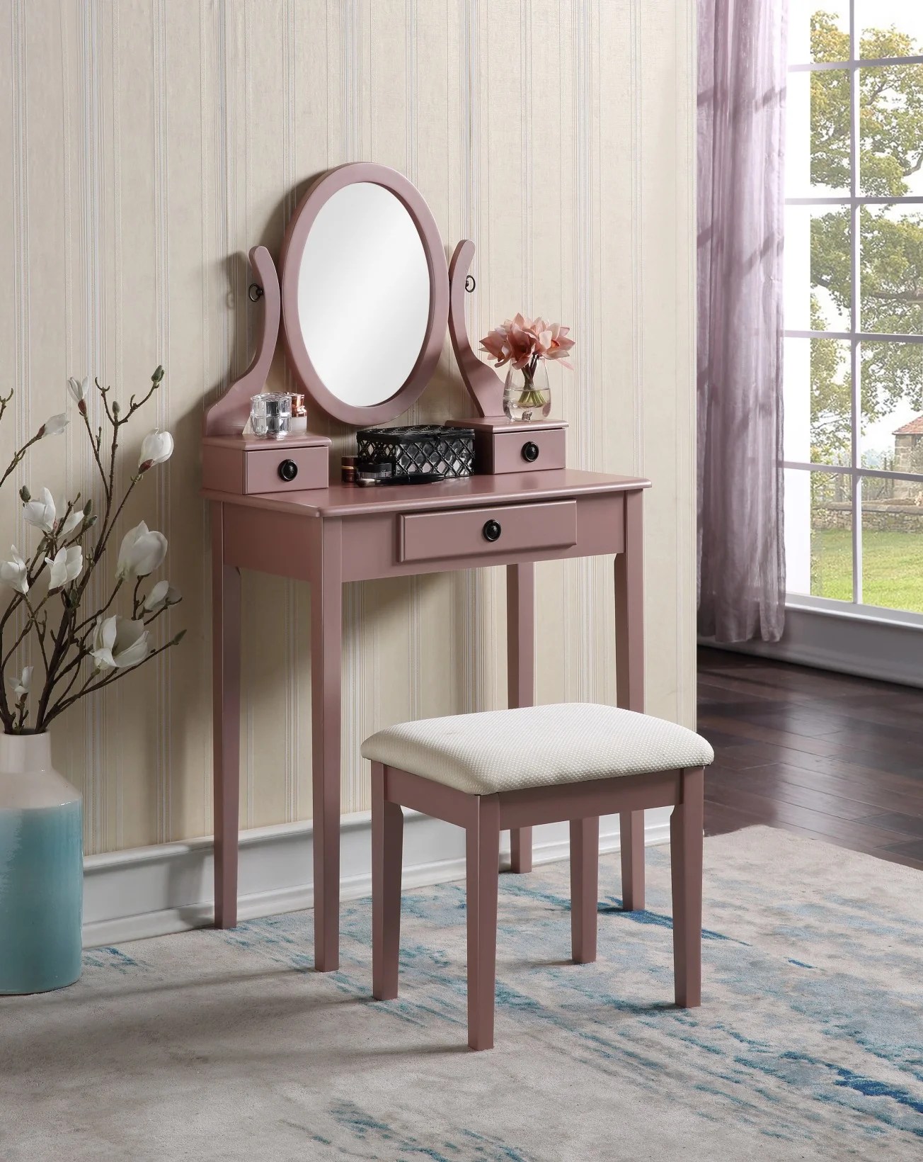 Wooden Vanity Table Make Up Table Moveable Mirror and Stool Set, Three