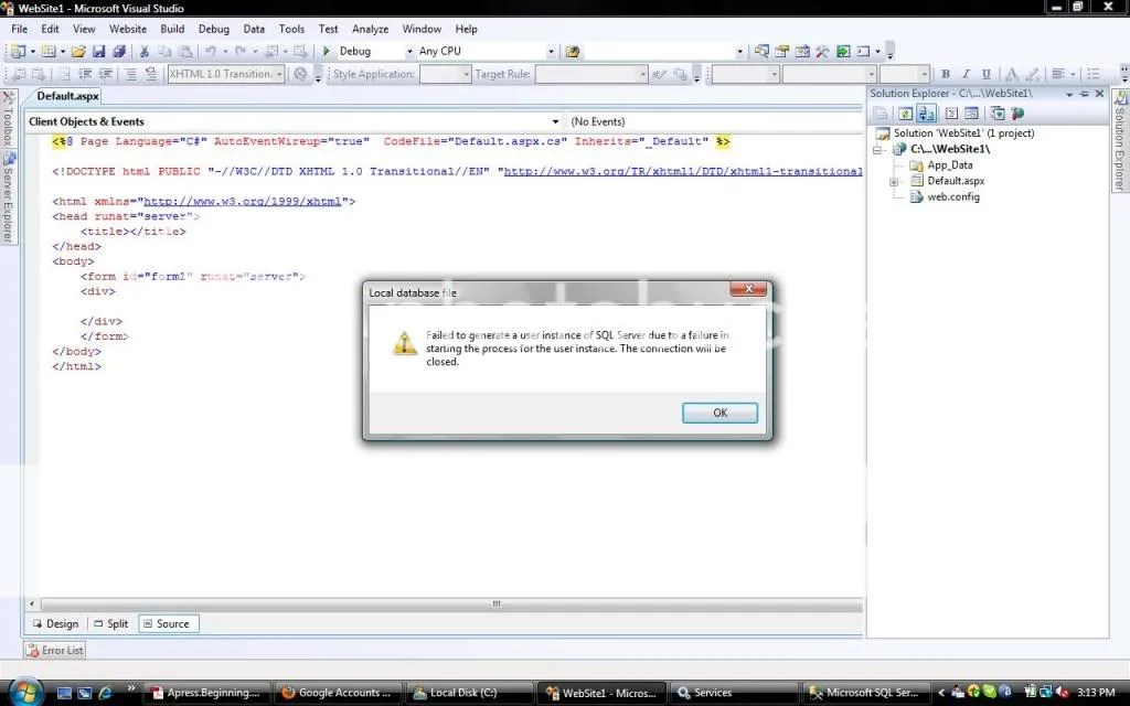 Failed to generate a user instance of SQL server due to a failure in