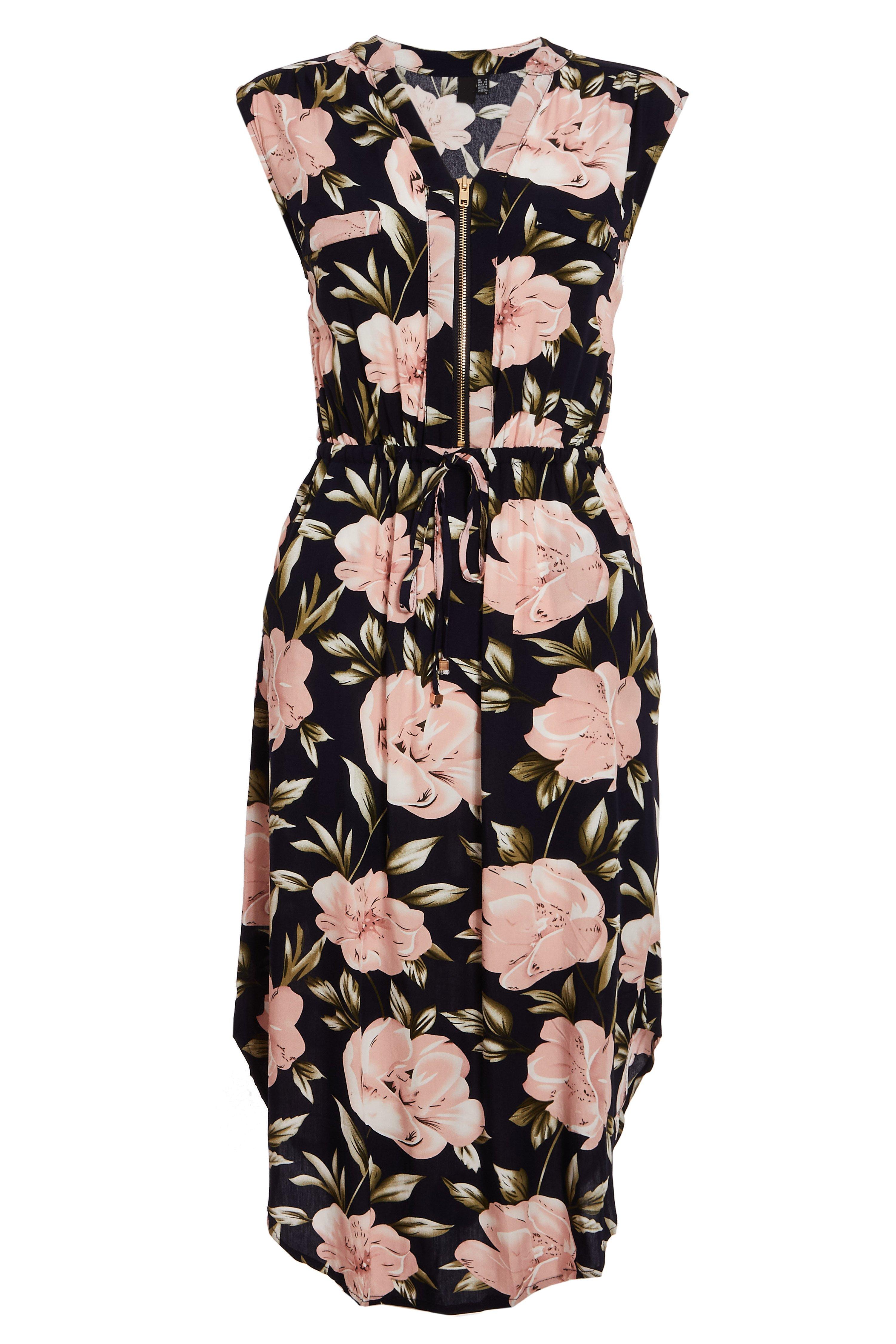 Navy And Pink Floral Sleeveless Midi Dress Quiz Clothing
