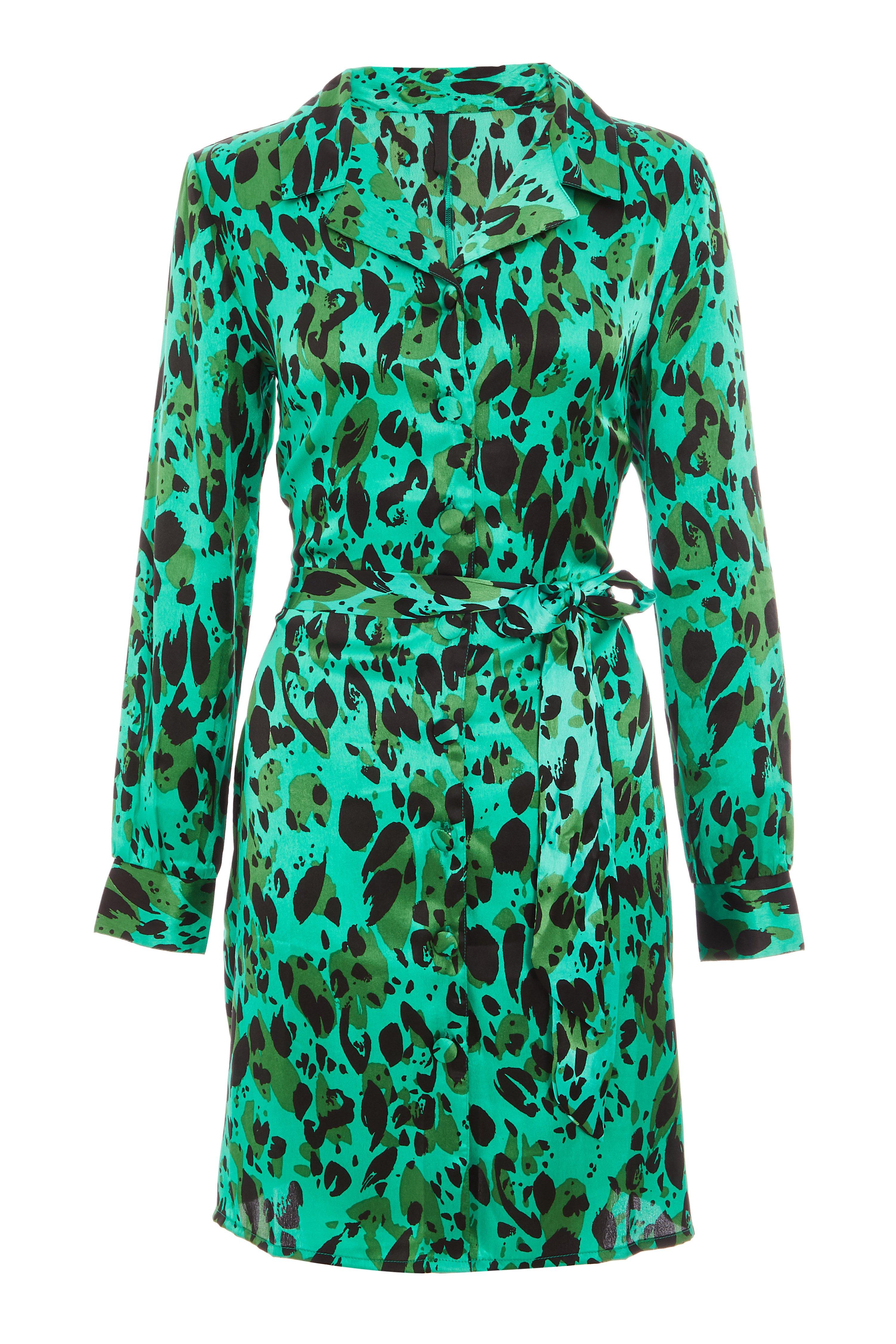 Green Satin Leopard Print Belted Shirt Dress Quiz Clothing