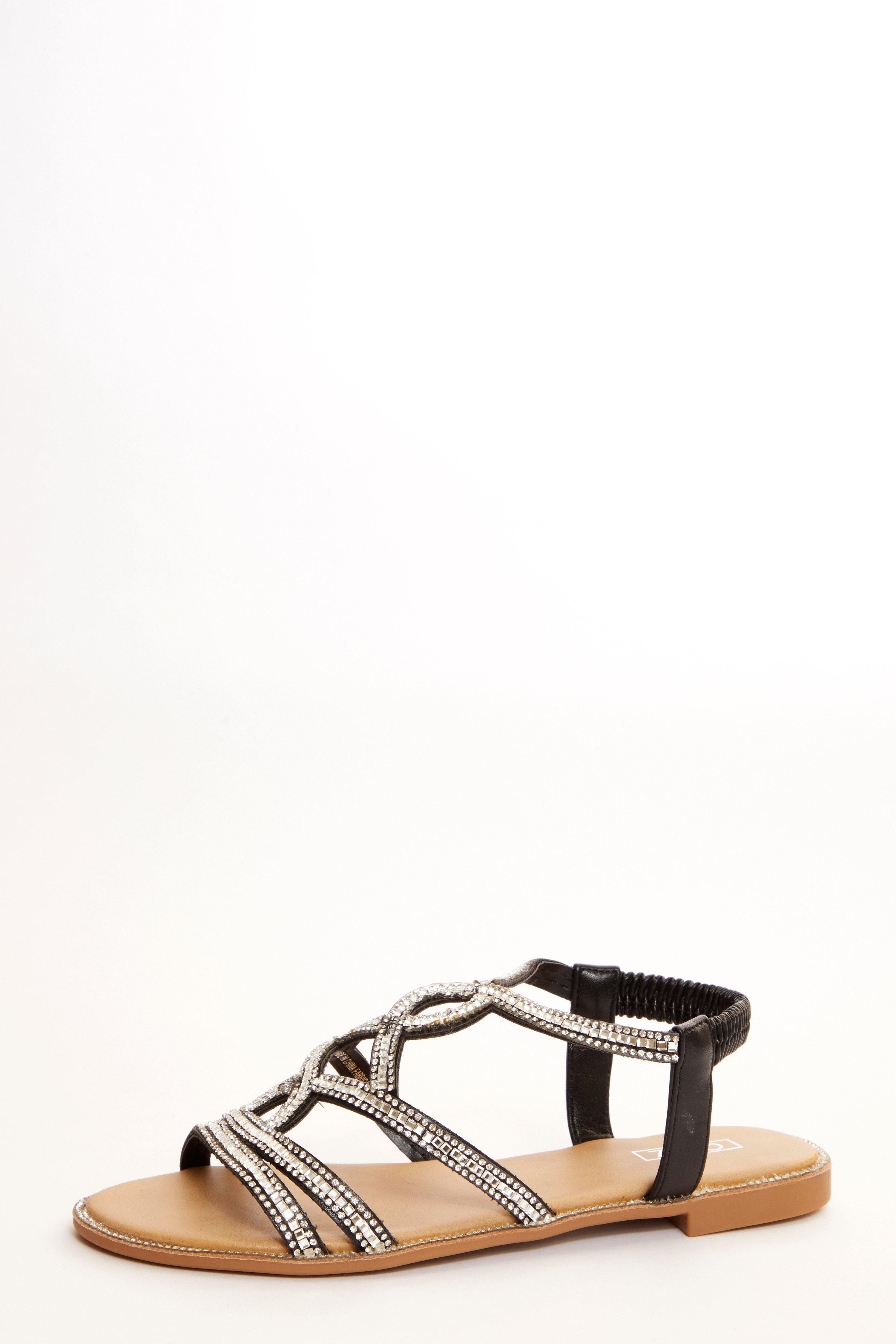 Black Embellished Flat Sandals Quiz Clothing