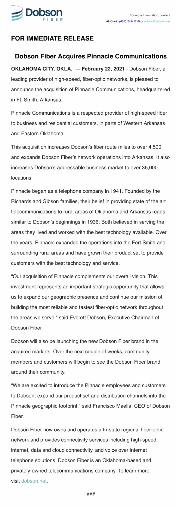 Dobson Fiber Acquires Pinnacle Communications