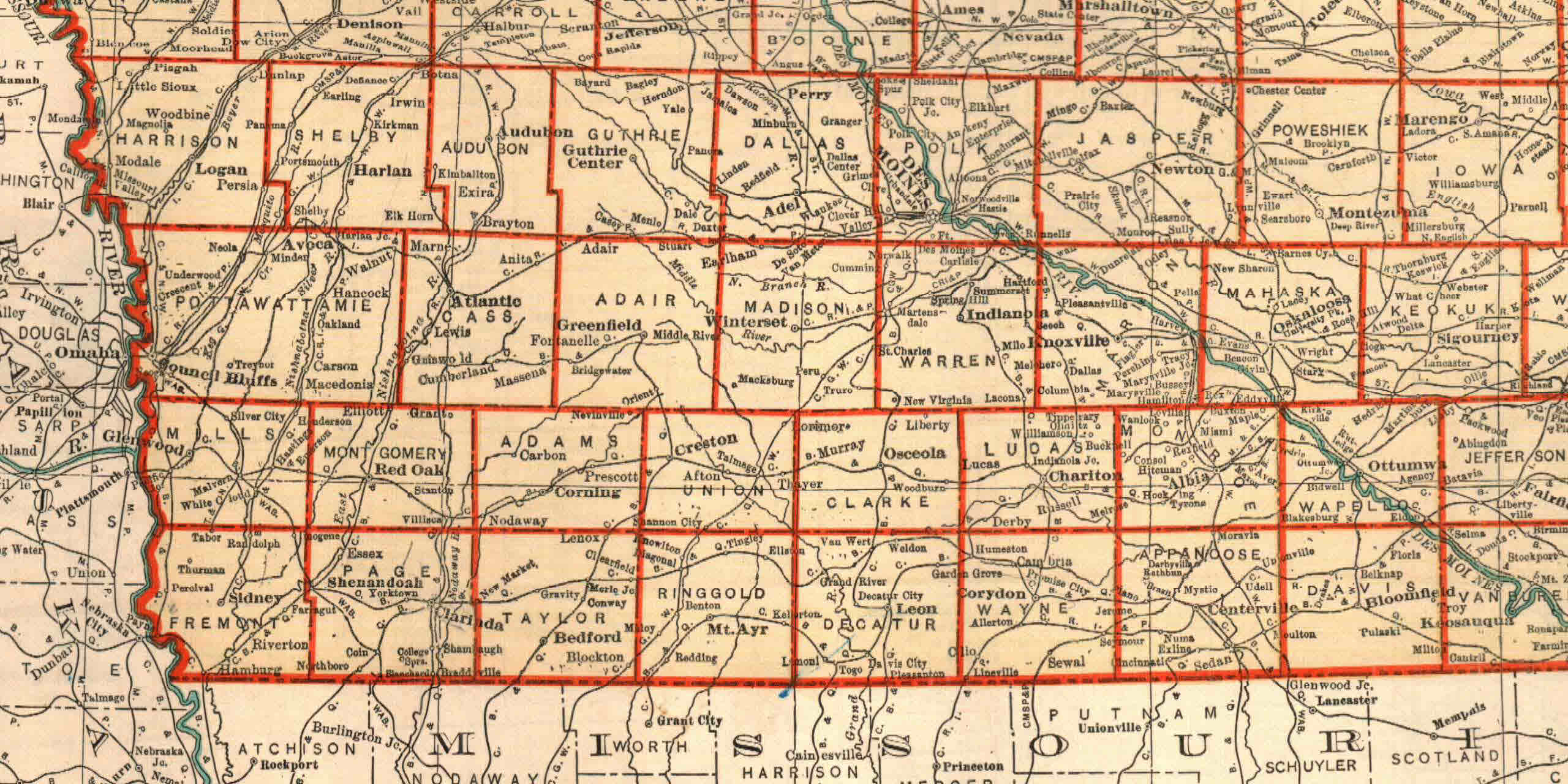 Taylor County, Iowa railroads on map