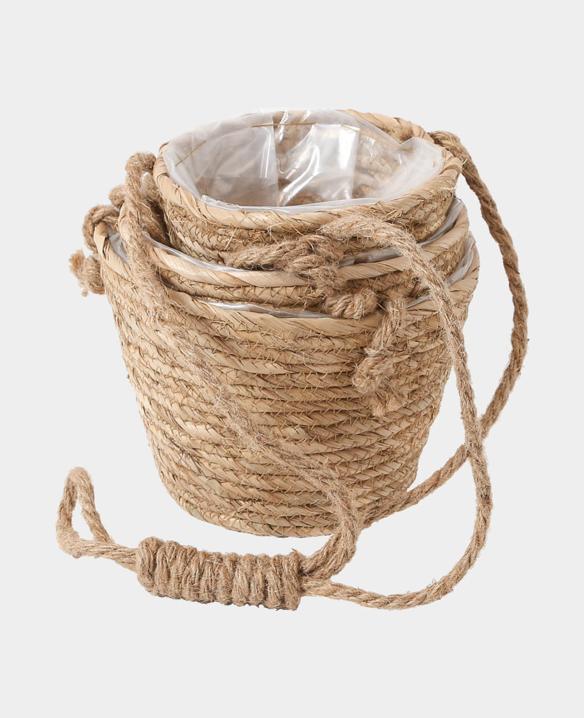 Blumenampel, Hängende Blumentöpfe geflochten im Boho Style, Töpfe innen