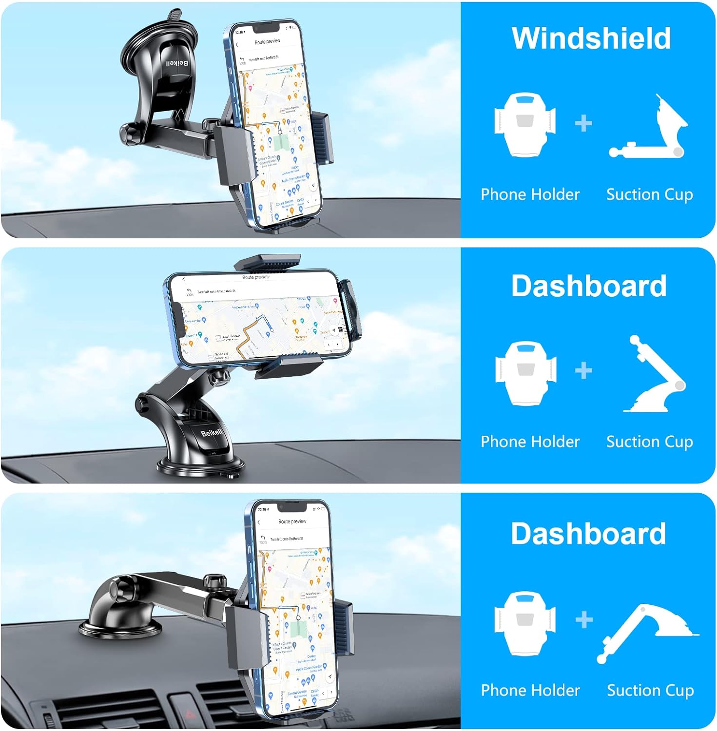 Car Phone Holder, Beikell Adjustable Car Phone Mount Cradle 360° Rotation Phone Holder for Car