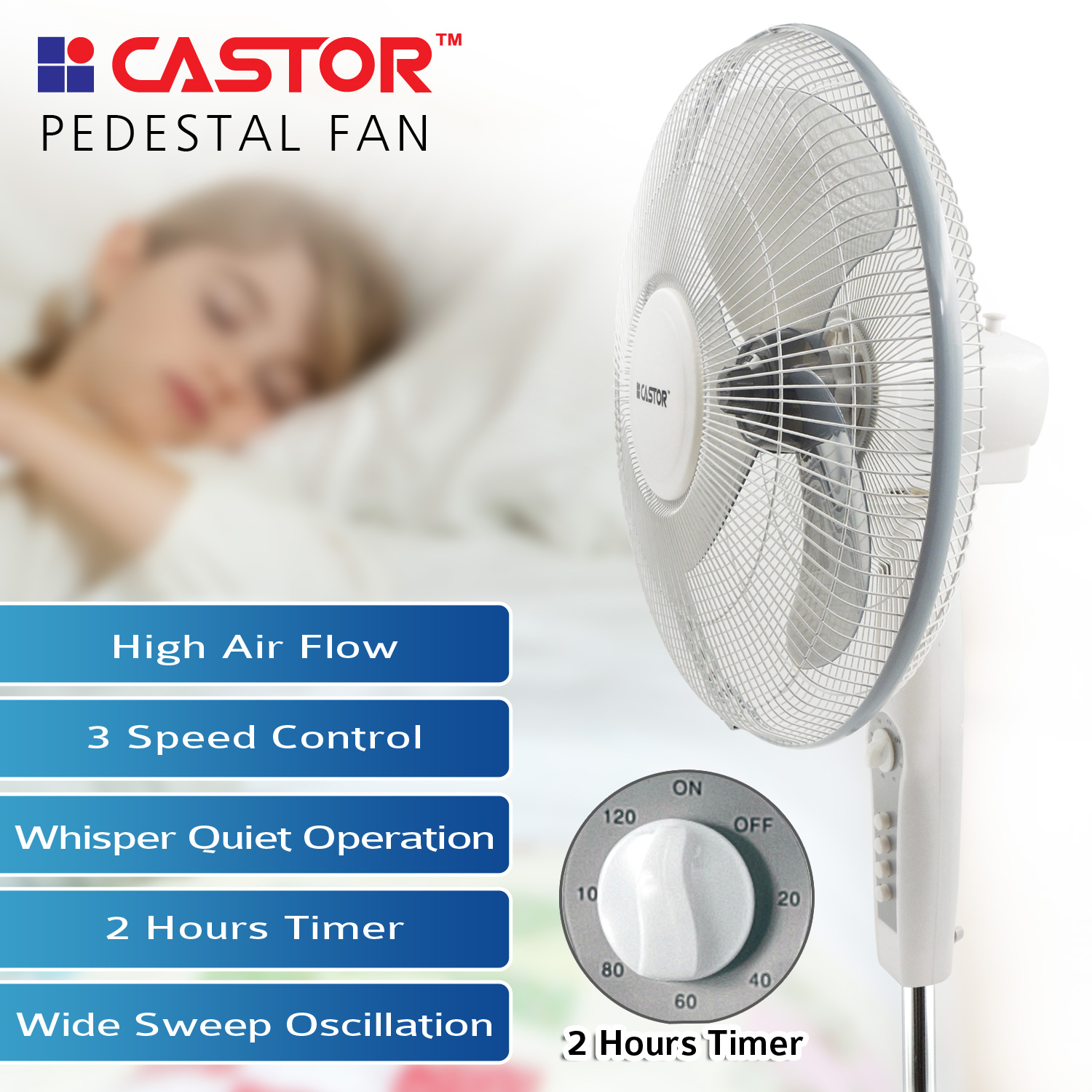 Castor p993f 406mm pedestal fan with timer high speed and silent