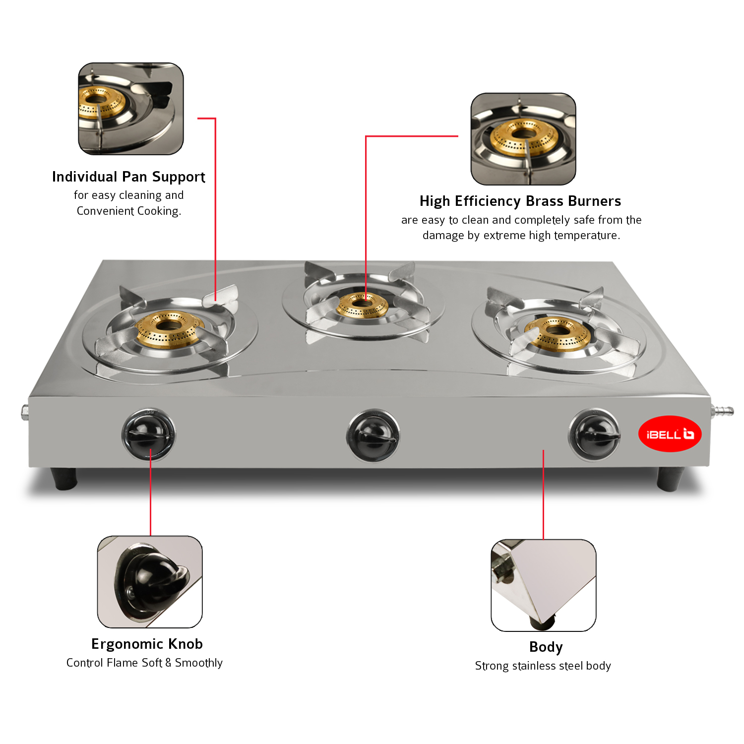Ibell gs03fs stainless steel gas stove with 3 burner silver manual