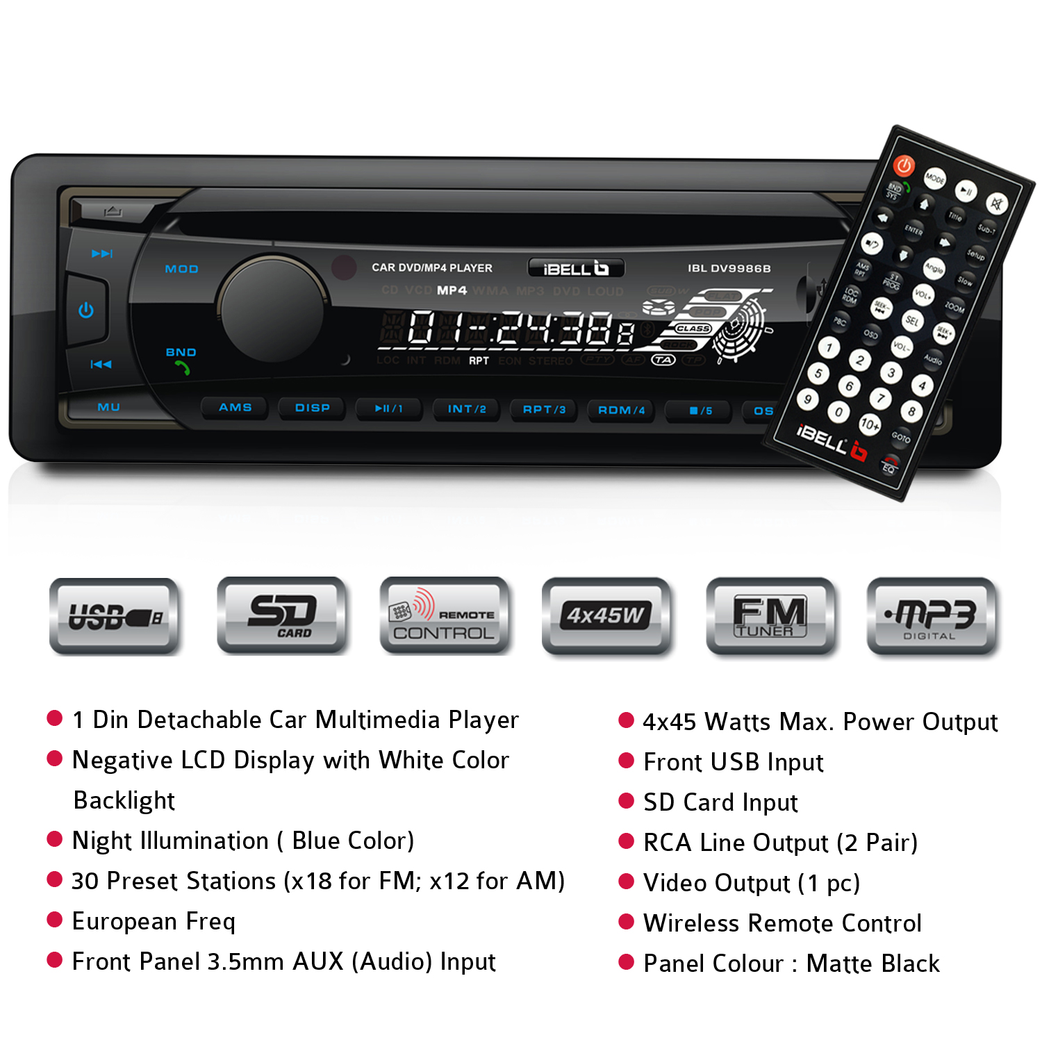 Ibell 9986b car dvd player audio system compatible with dvd cd usb sd