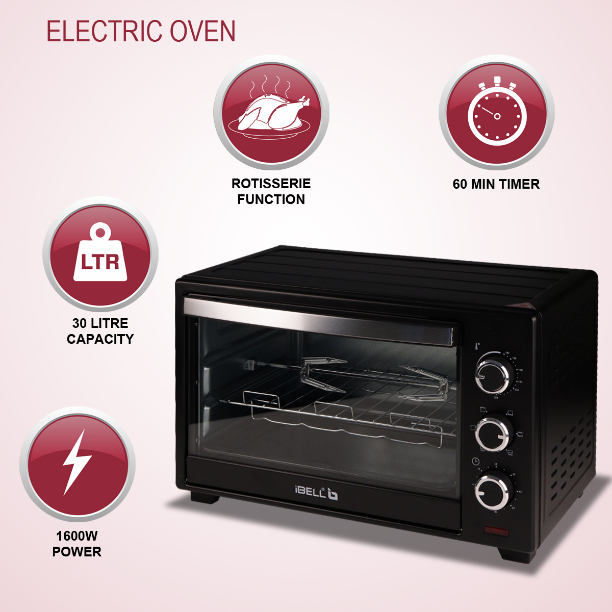 Ibell eo30lg 30 litre electric oven toaster grill with rotisserie 1600