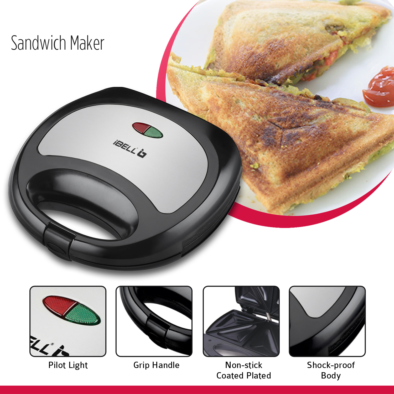 Ibell sm201 2 slice 750 watt sandwich maker with non stick coated
