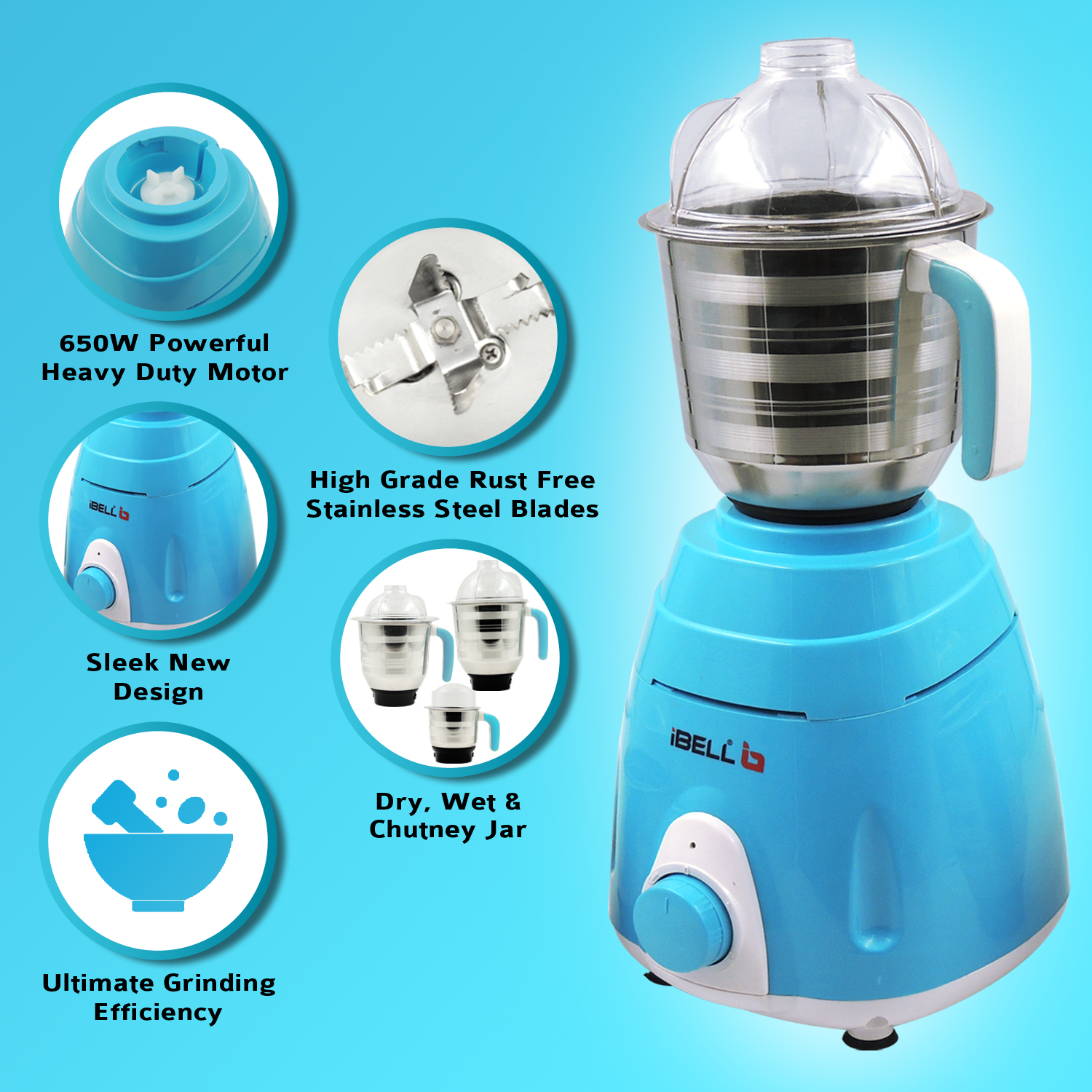 Ibell mixer grinder 650w 3 jars blue iBELL Home Appliances