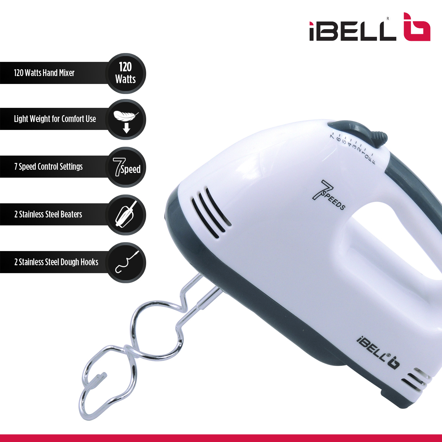 Ibell whites03 hand mixer beater blender electric cream maker for cakes with base 7 speed