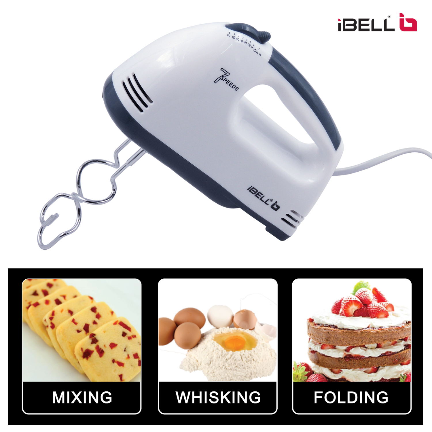 Ibell whites03 hand mixer beater blender electric cream maker for cakes with base 7 speed