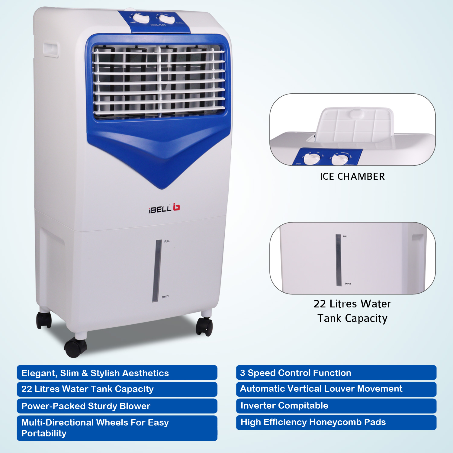 Ibell coolplus air cooler 22 litre 3 speed inverter compatible water